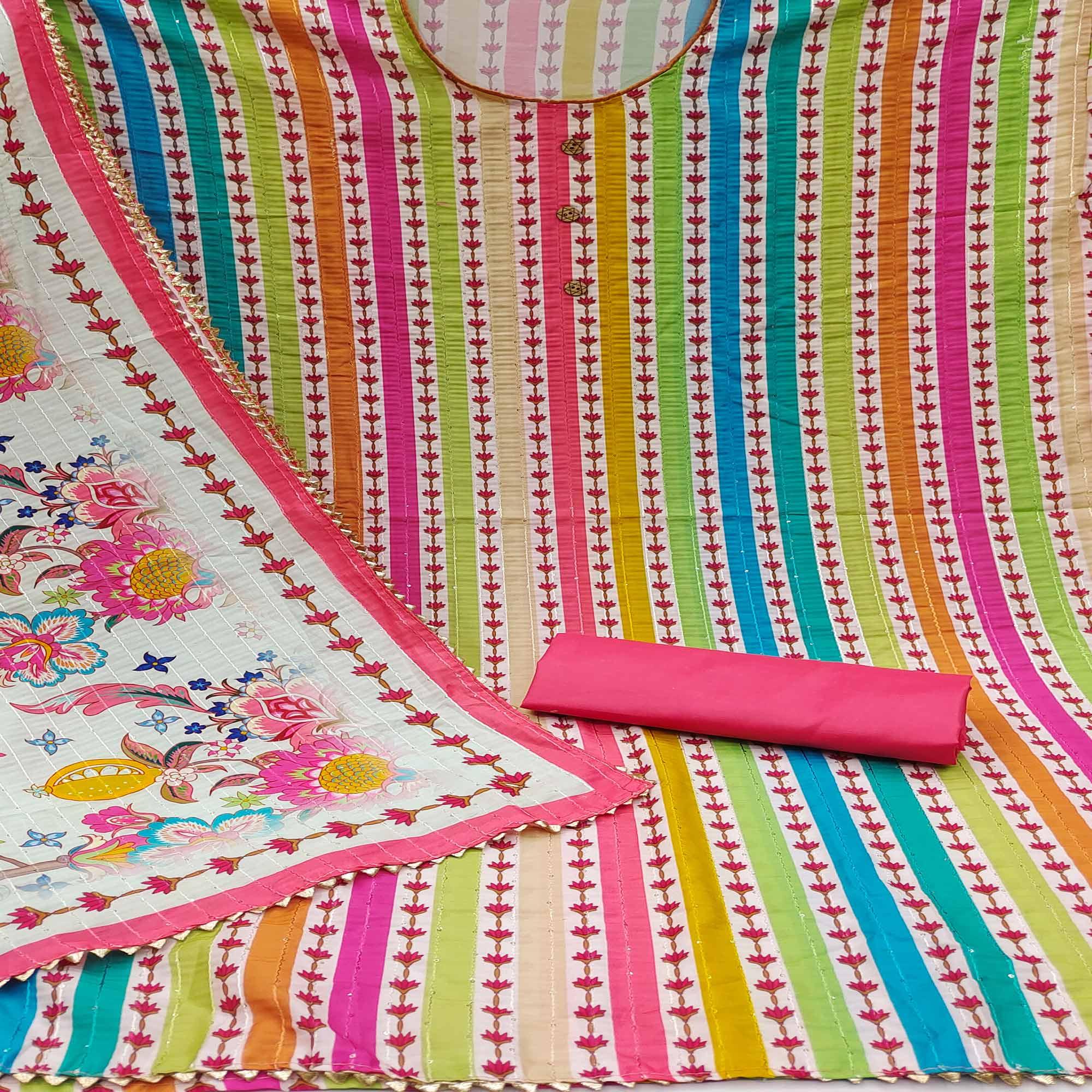 Multicolour Floral Printed With Sequence Embroidered Pure Cotton Dress Material - Peachmode