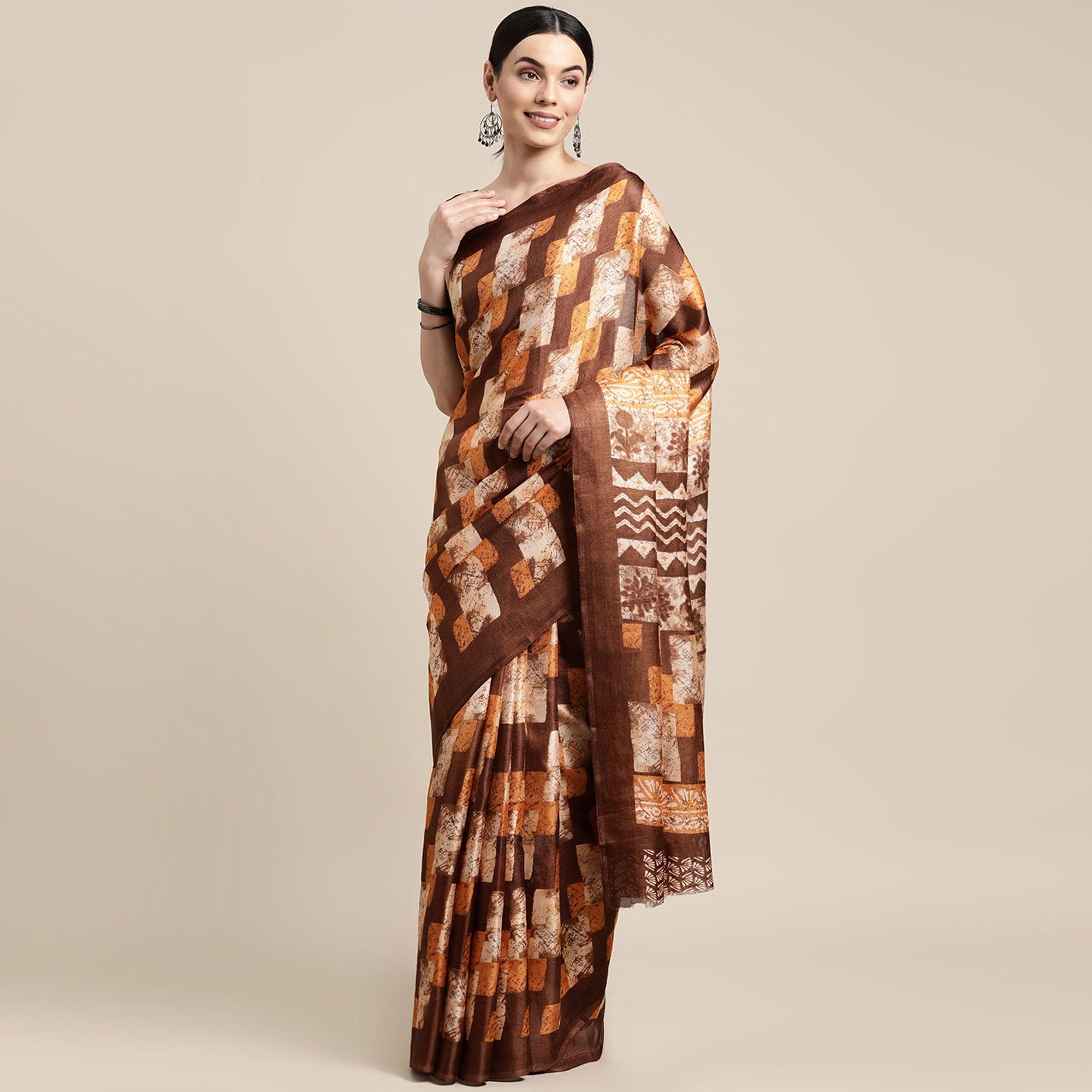Multicolour Geometric Printed Cotton Silk Saree - Peachmode