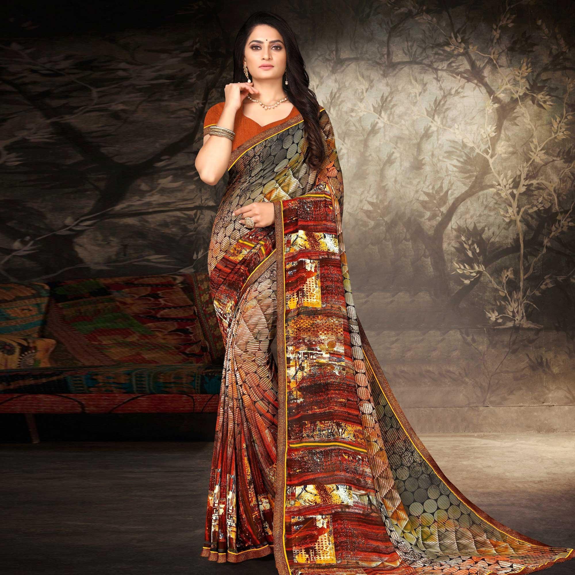 Multicolour Geometric Printed Georgette Saree - Peachmode