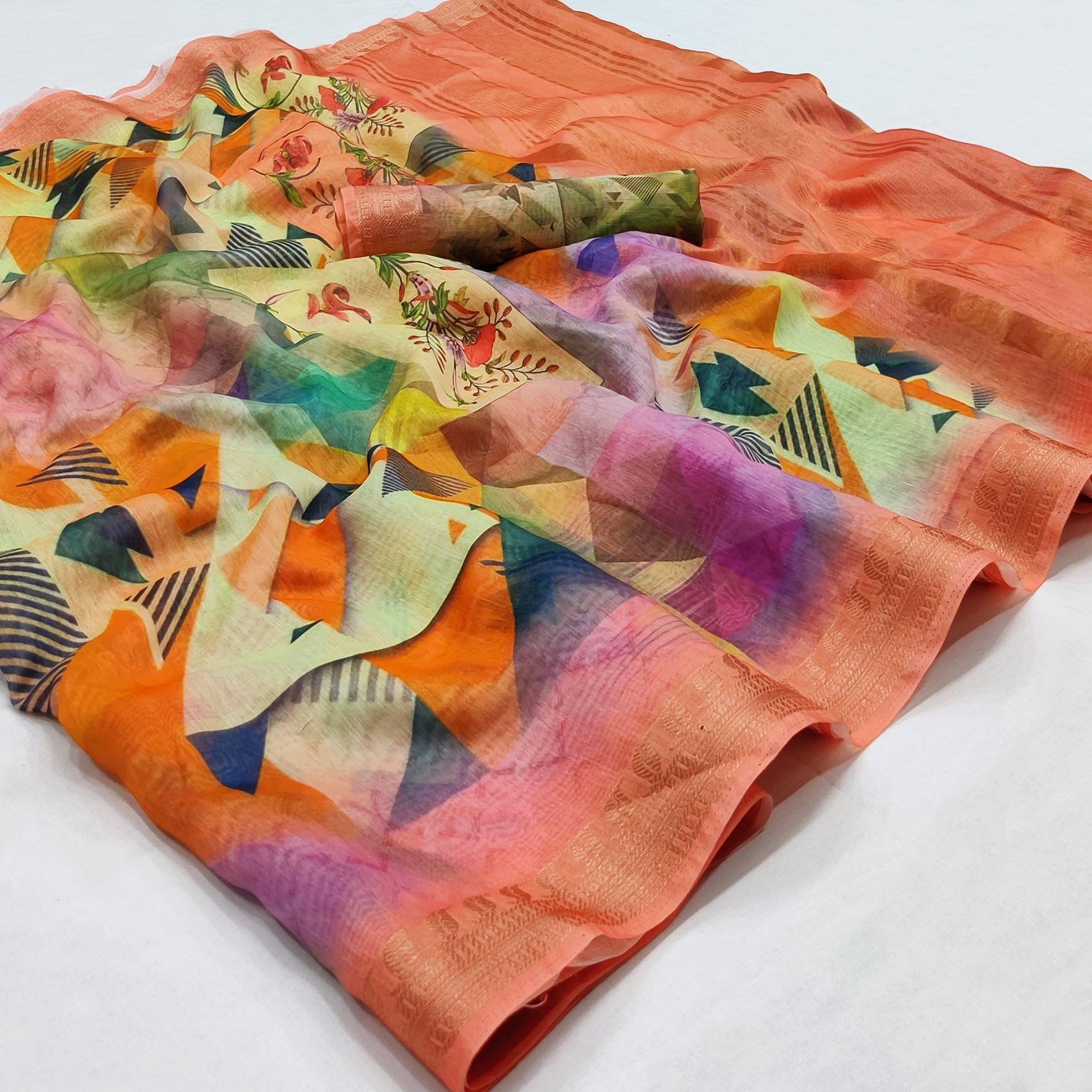 Multicolour Geometric Printed Linen Saree - Peachmode