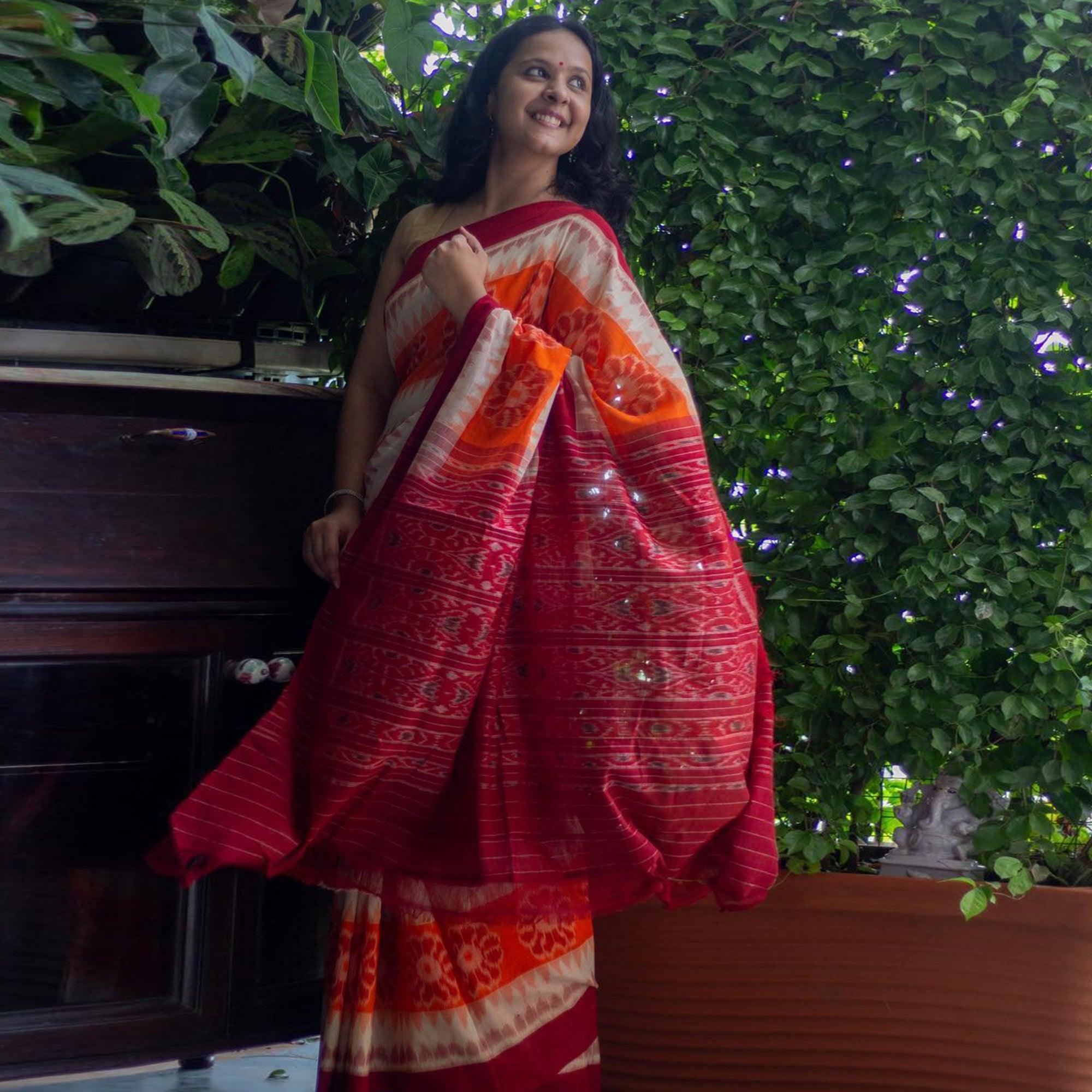 Multicolour Ikkat Printed Linen Saree - Peachmode