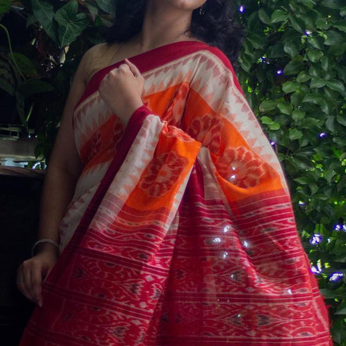 Multicolour Ikkat Printed Linen Saree - Peachmode