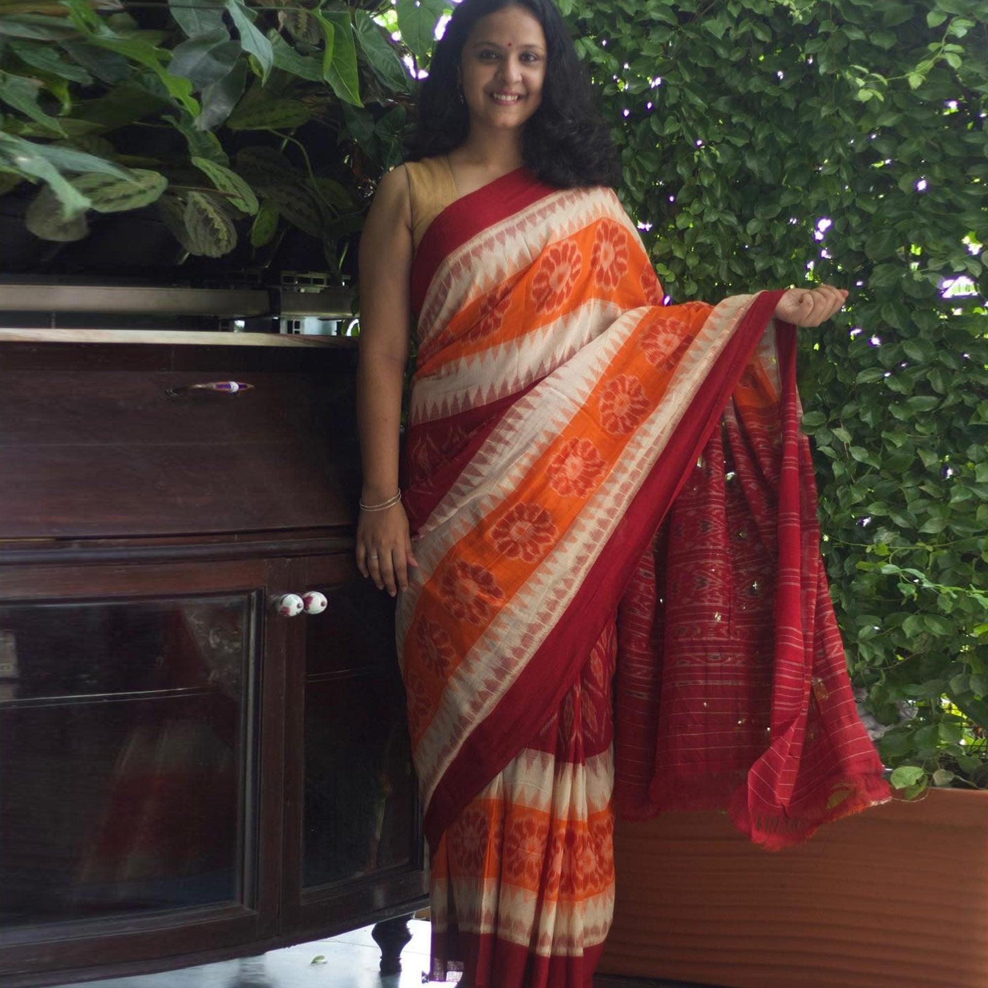 Multicolour Ikkat Printed Linen Saree - Peachmode