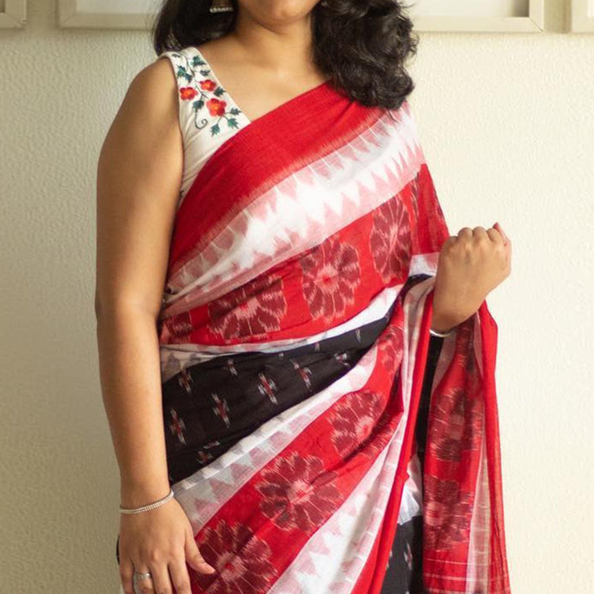 Multicolour Ikkat Printed Linen Saree - Peachmode
