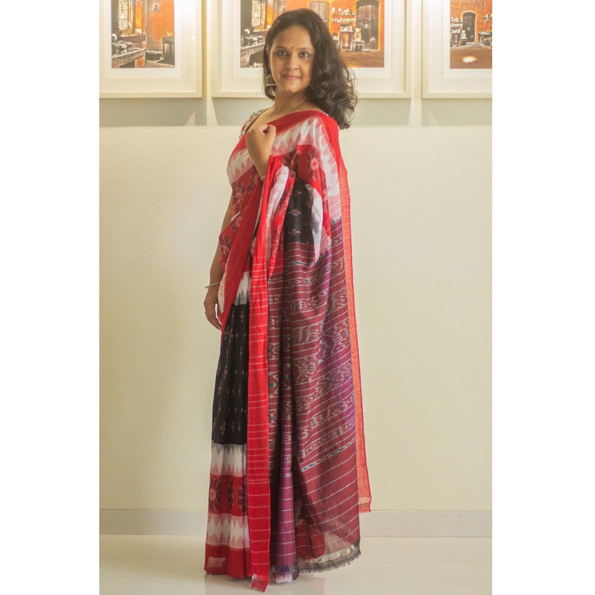 Multicolour Ikkat Printed Linen Saree - Peachmode