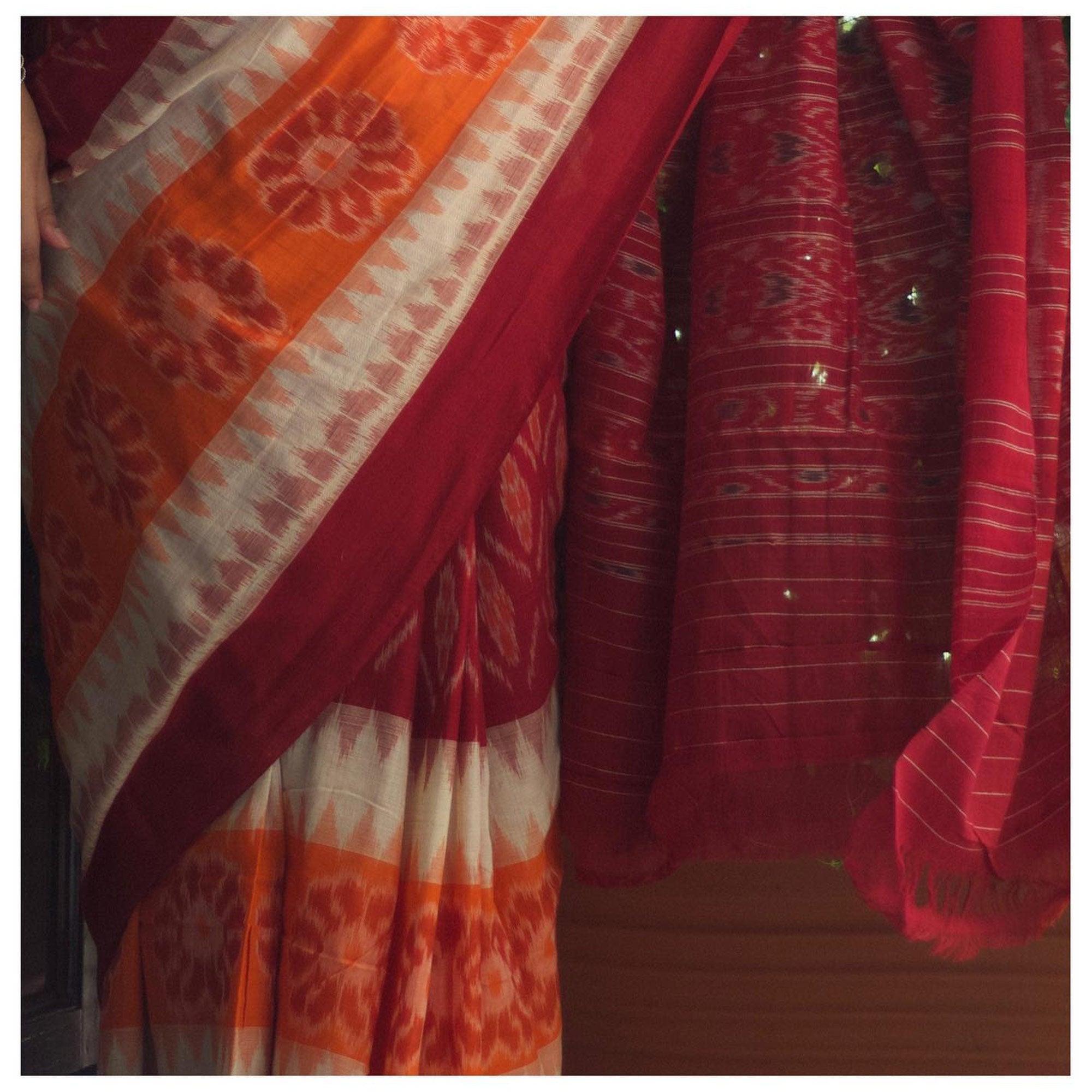 Multicolour Ikkat Printed Linen Saree - Peachmode