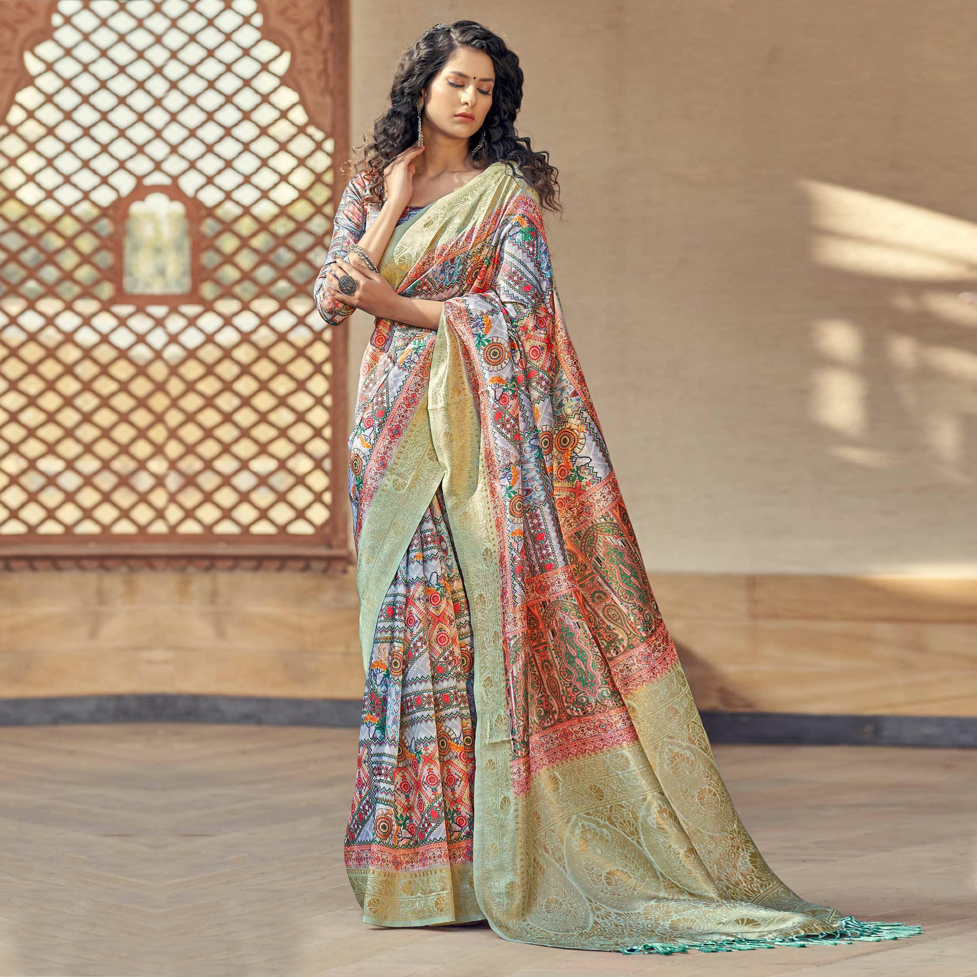 Multicolour Party Wear Digital Print Art Silk Saree With Tassels - Peachmode