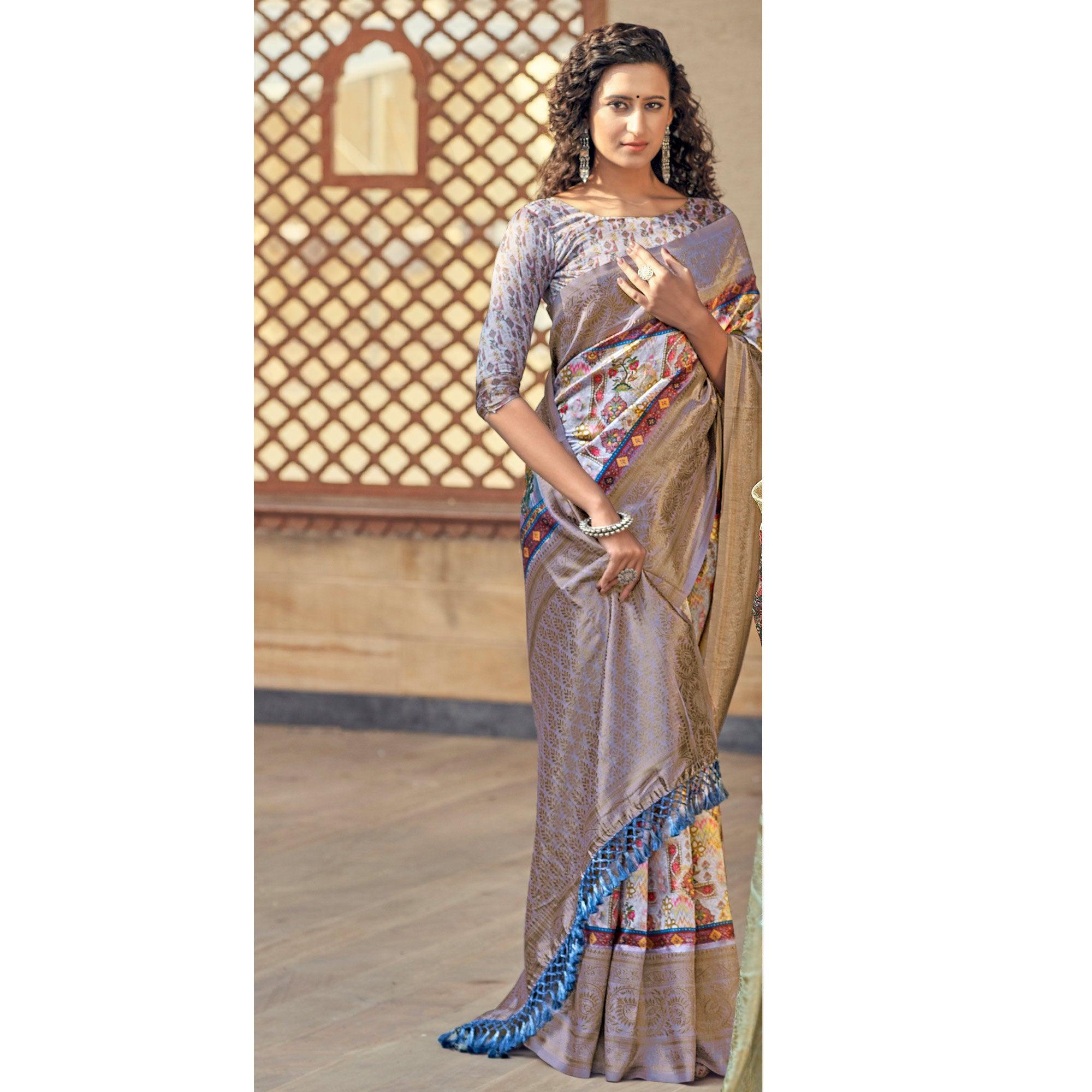 Multicolour Party Wear Digital Print Art Silk Saree With Tassels - Peachmode