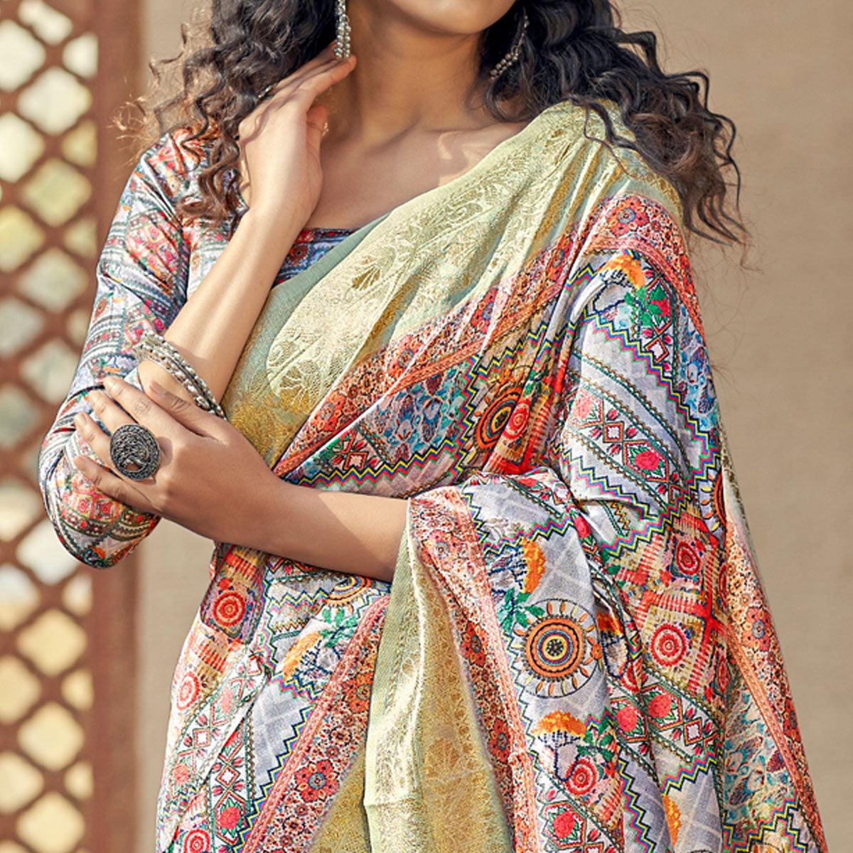 Multicolour Party Wear Digital Print Art Silk Saree With Tassels - Peachmode