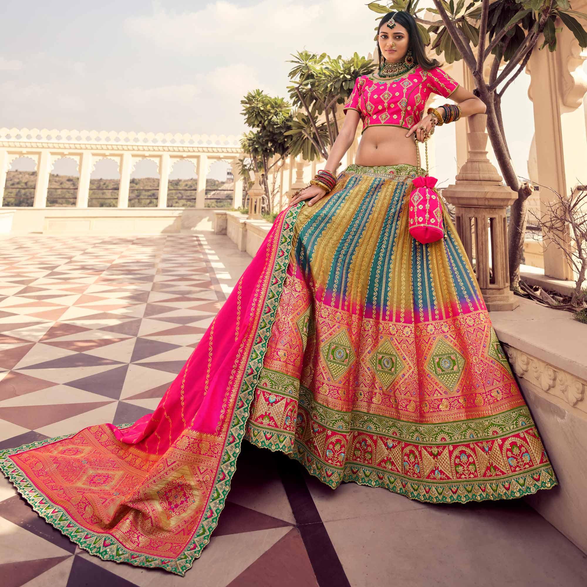 Multicolour Partywear Embellished Embroidered Banarasi Silk Lehenga - Peachmode