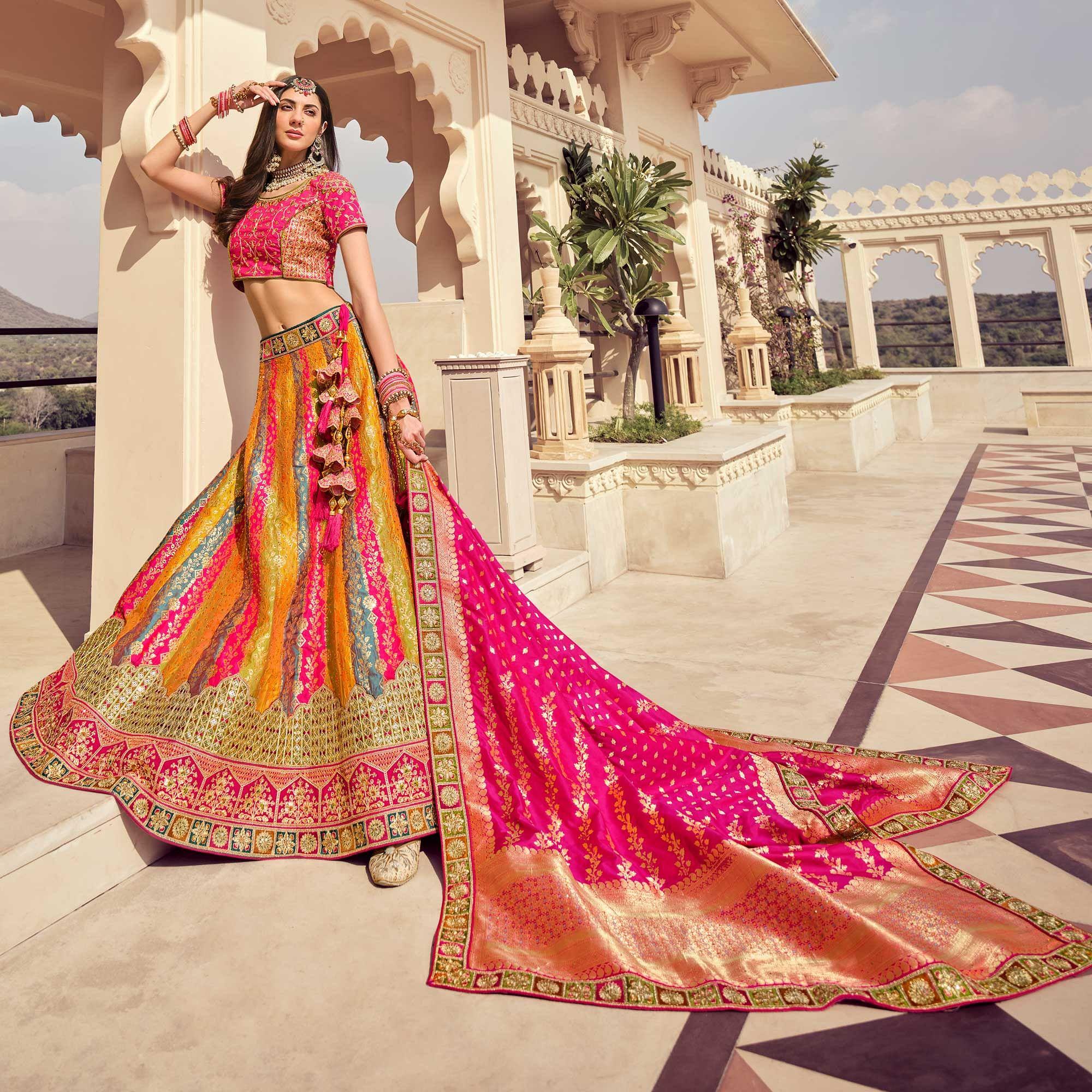 Multicolour Partywear Embellished Embroidered Banarasi Silk Lehenga - Peachmode