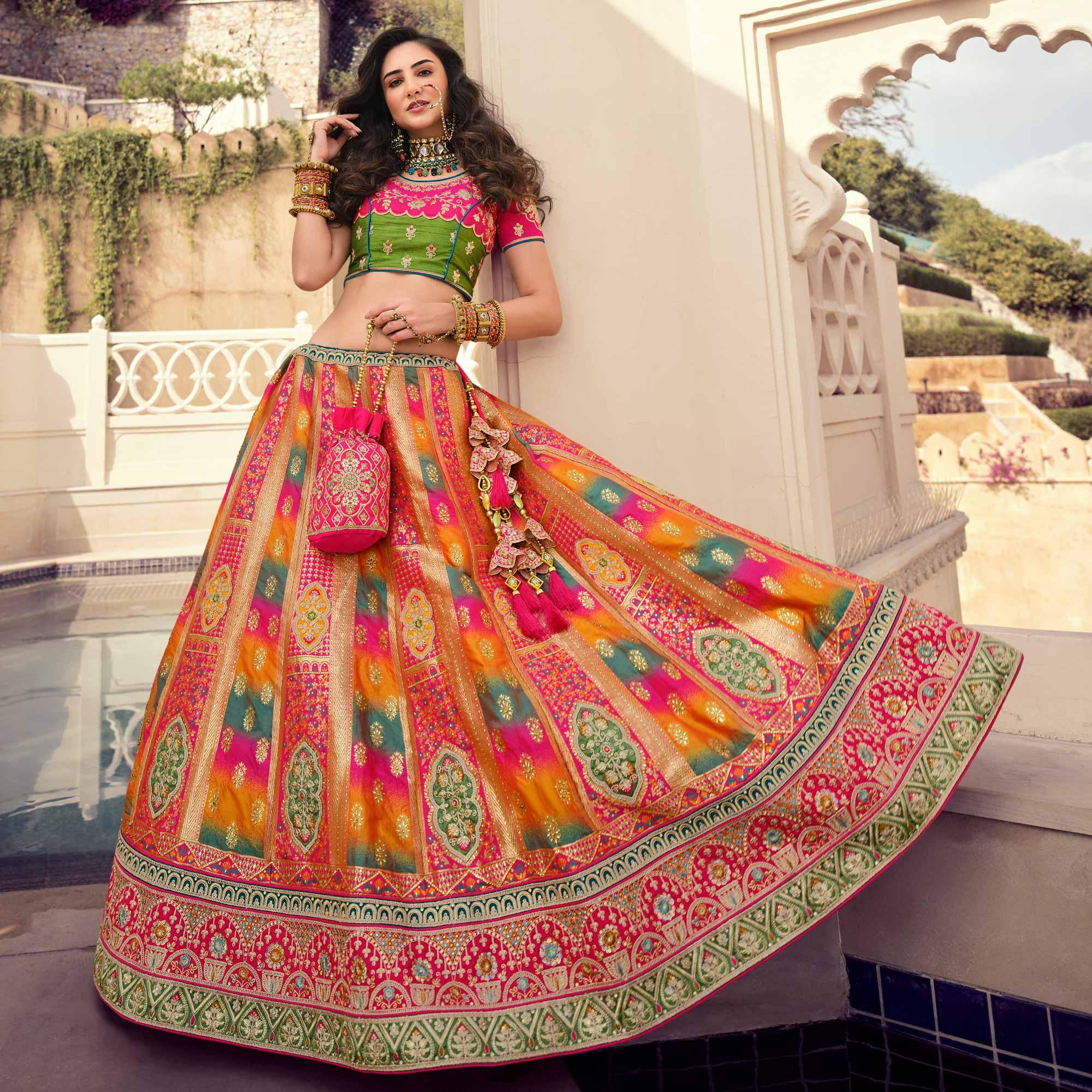 Multicolour Partywear Embellished Embroidered Banarasi Silk Lehenga - Peachmode