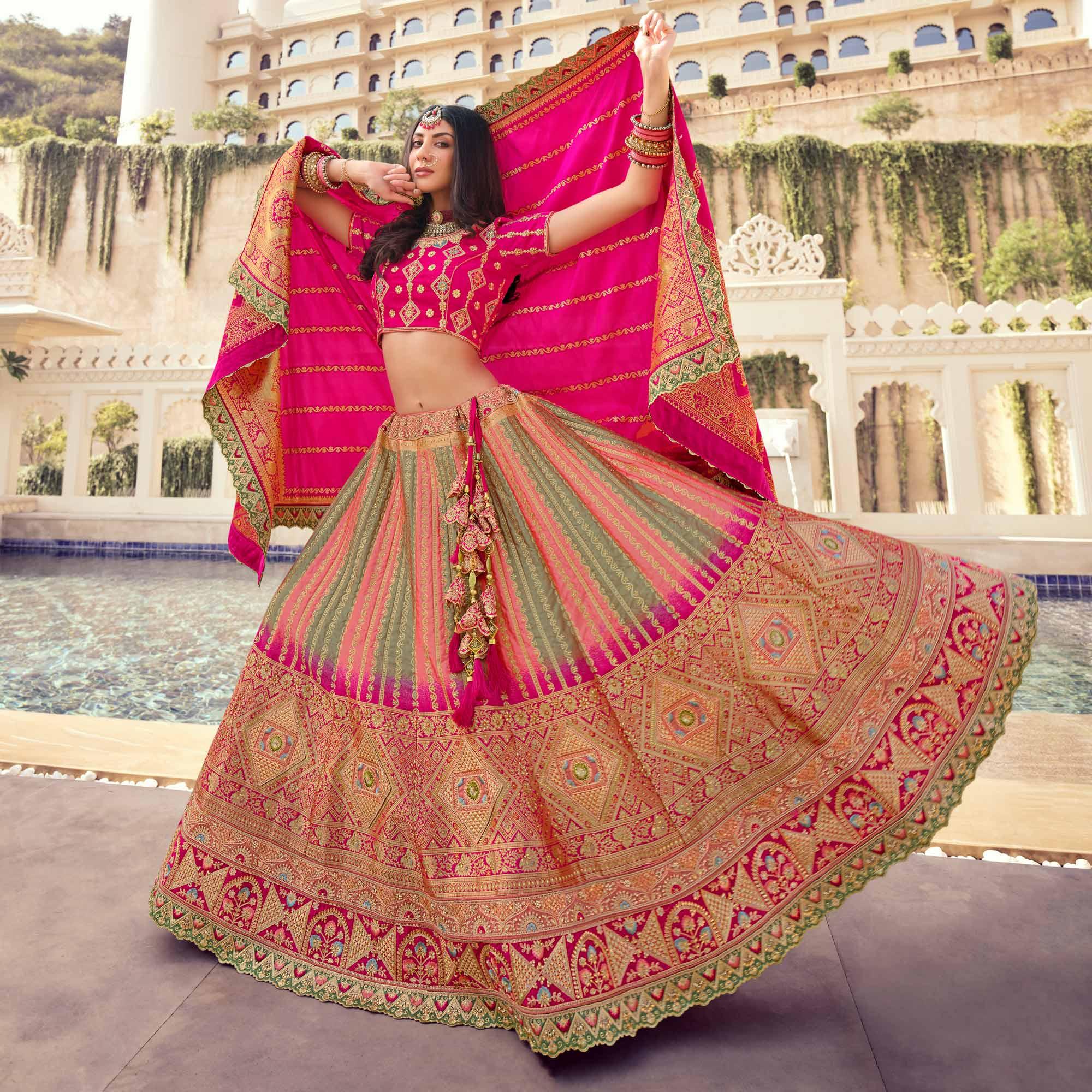 Multicolour Partywear Embellished Embroidered Banarasi Silk Lehenga - Peachmode