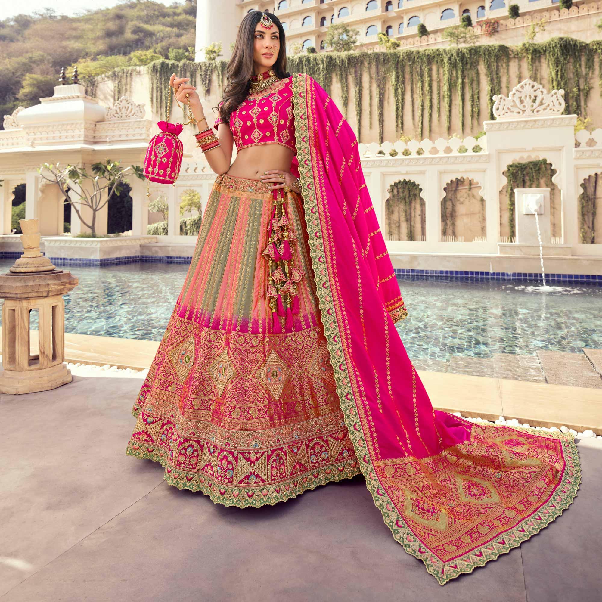 Multicolour Partywear Embellished Embroidered Banarasi Silk Lehenga - Peachmode