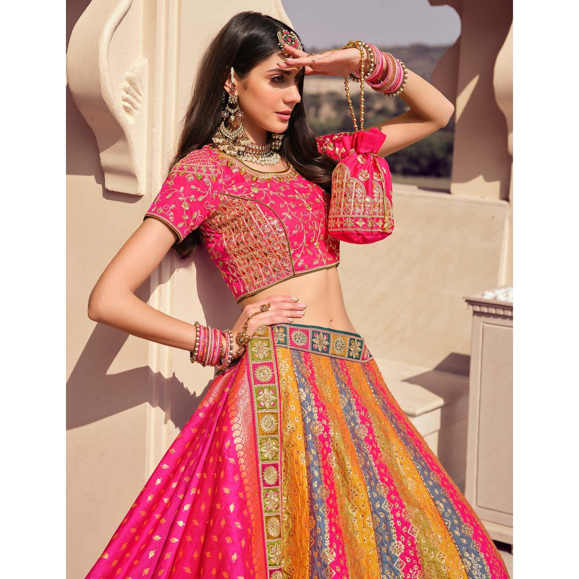 Multicolour Partywear Embellished Embroidered Banarasi Silk Lehenga - Peachmode