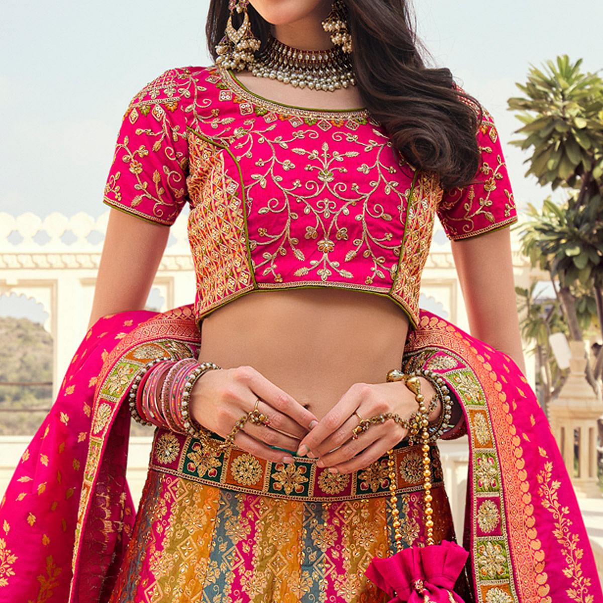 Multicolour Partywear Embellished Embroidered Banarasi Silk Lehenga - Peachmode