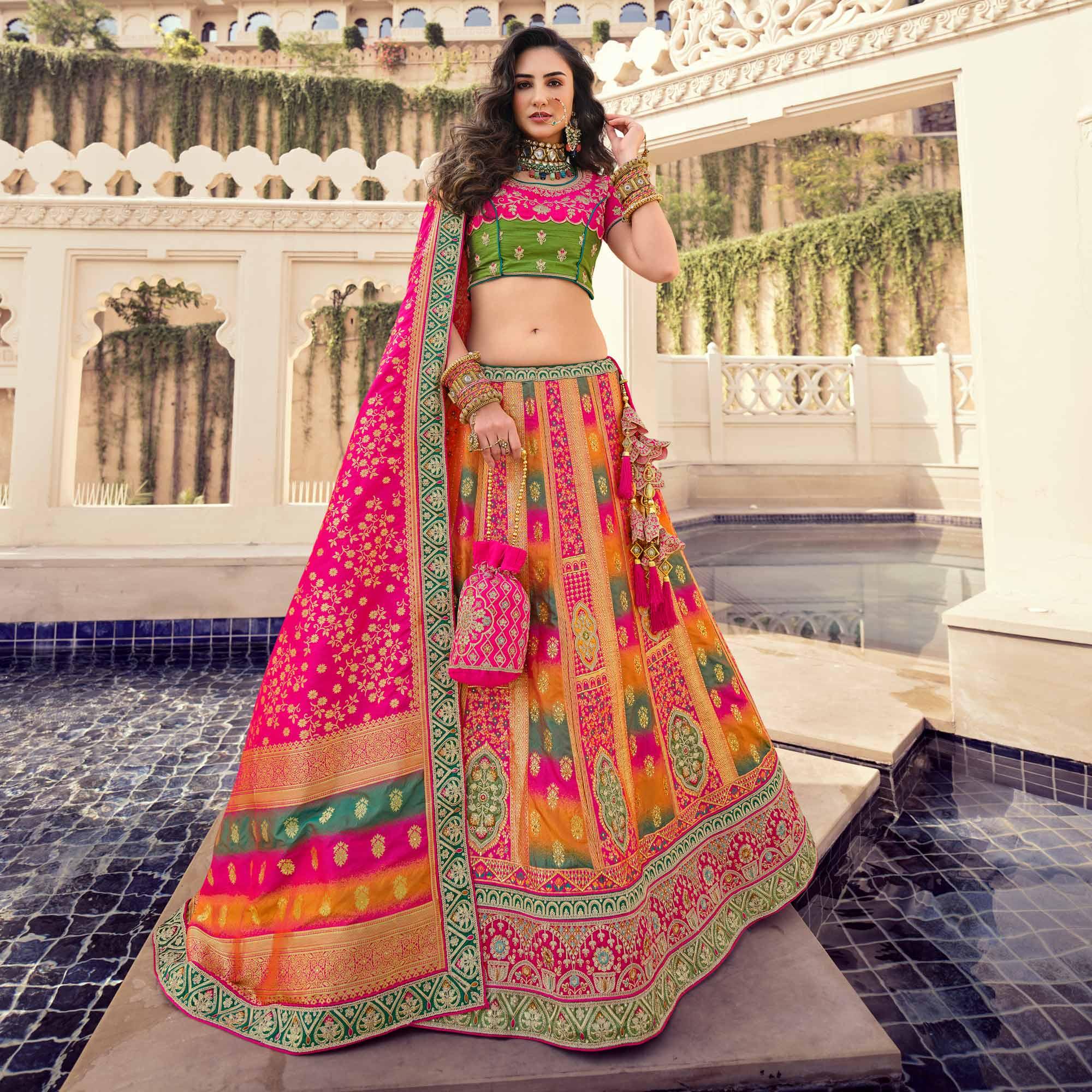 Multicolour Partywear Embellished Embroidered Banarasi Silk Lehenga - Peachmode