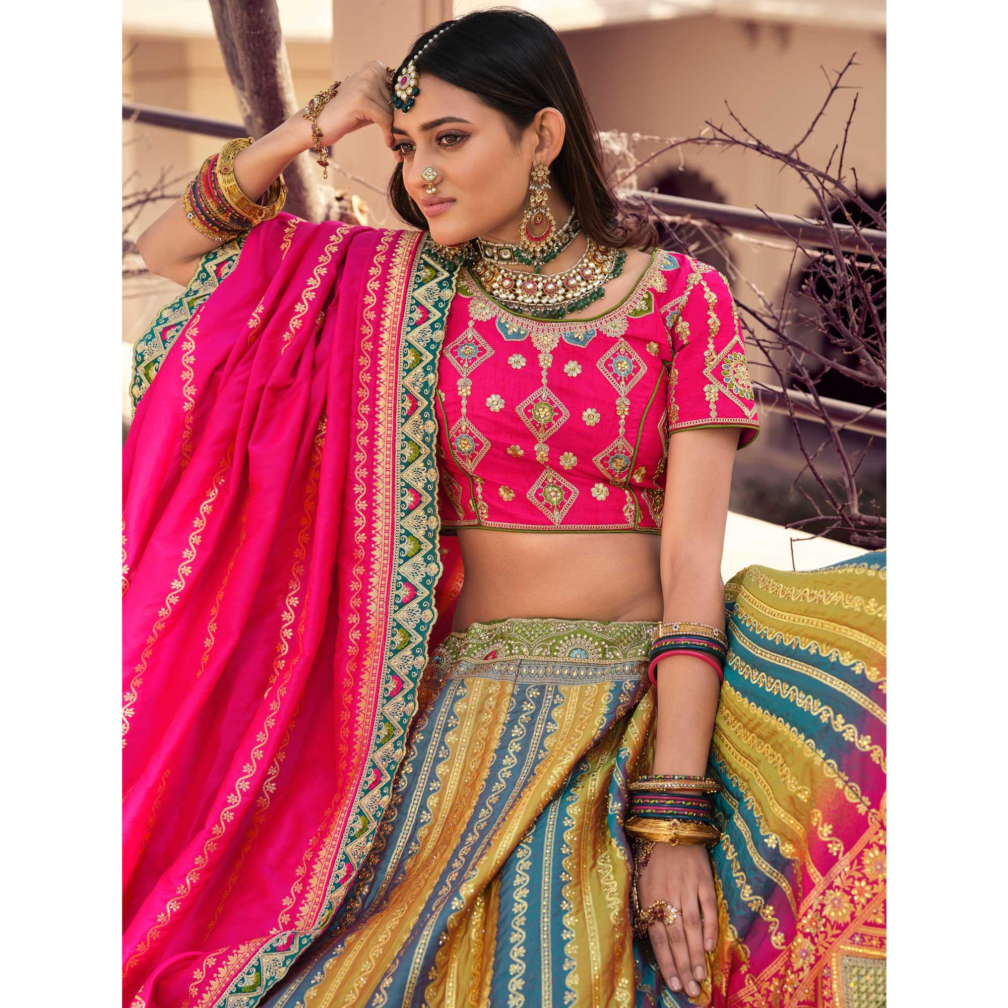 Multicolour Partywear Embellished Embroidered Banarasi Silk Lehenga - Peachmode