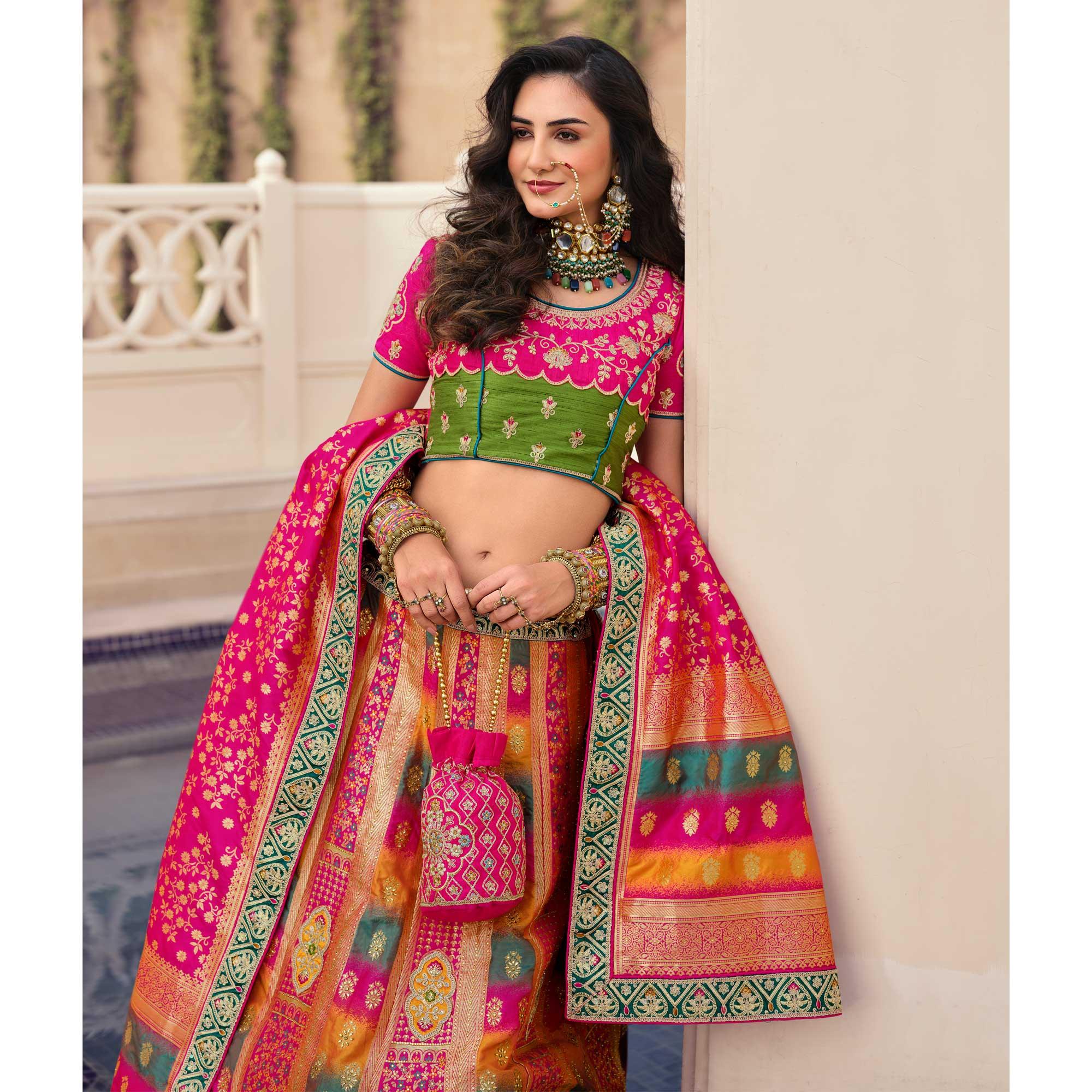 Multicolour Partywear Embellished Embroidered Banarasi Silk Lehenga - Peachmode