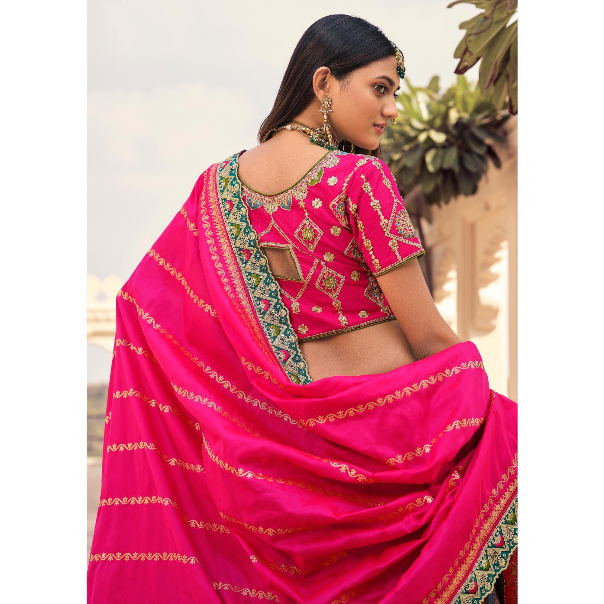 Multicolour Partywear Embellished Embroidered Banarasi Silk Lehenga - Peachmode