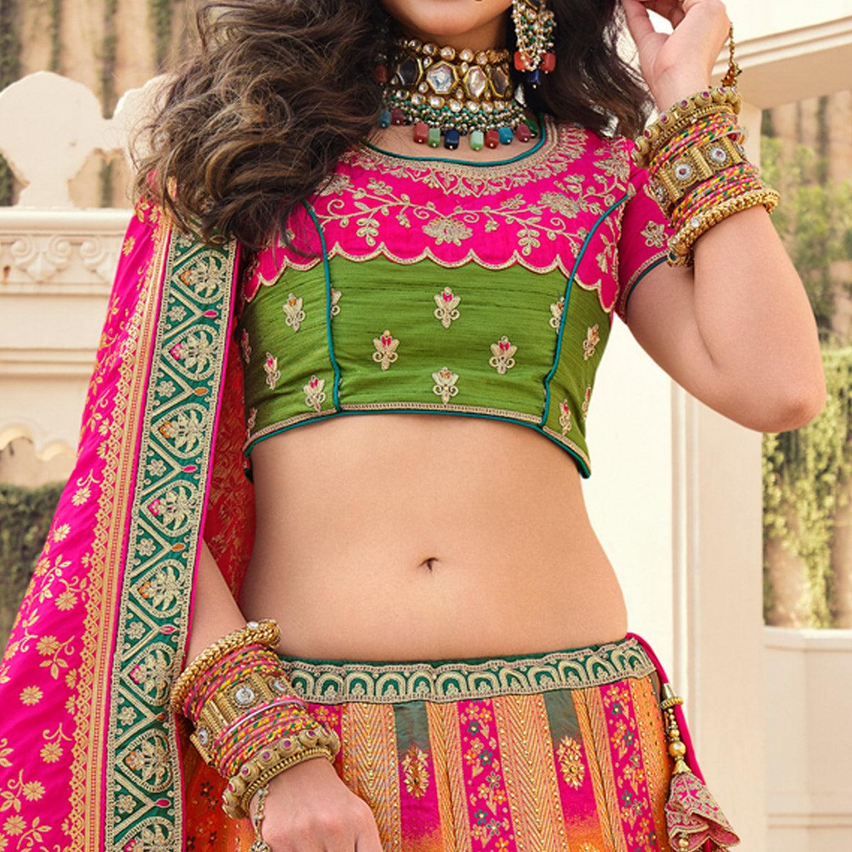 Multicolour Partywear Embellished Embroidered Banarasi Silk Lehenga - Peachmode