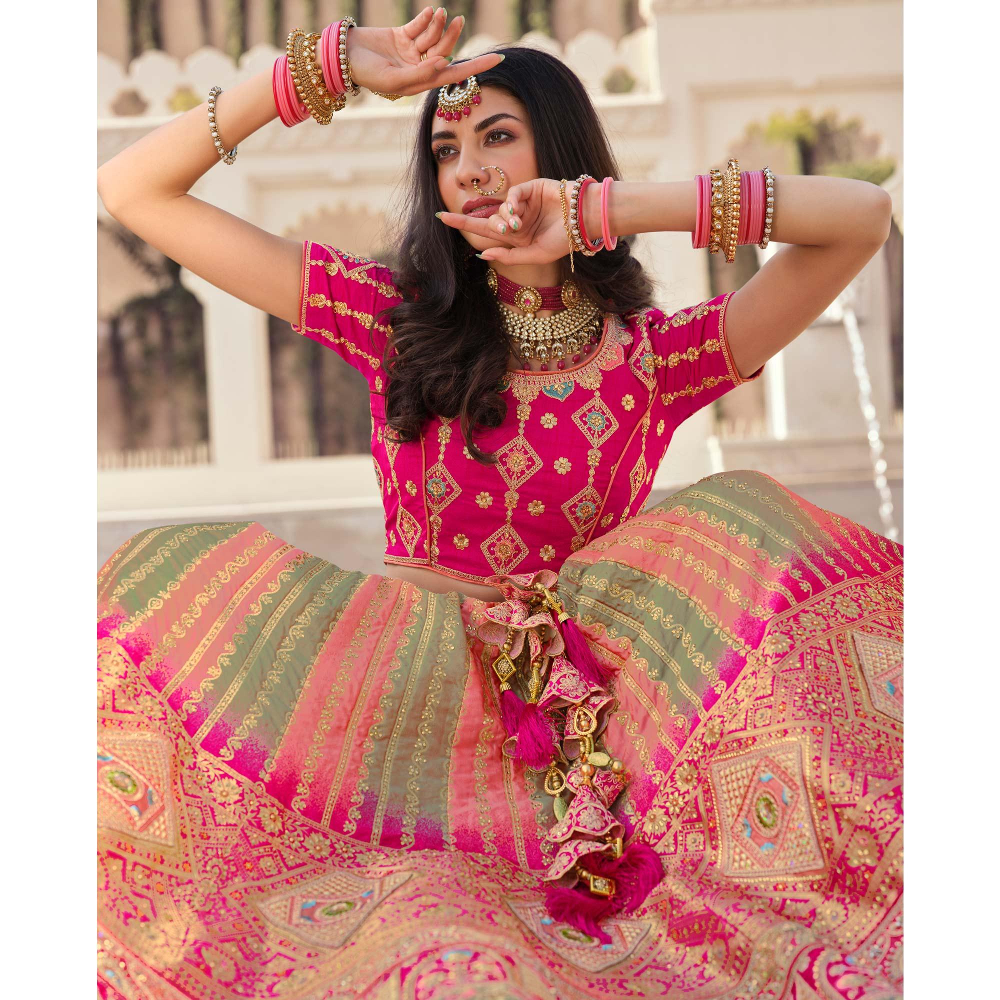 Multicolour Partywear Embellished Embroidered Banarasi Silk Lehenga - Peachmode