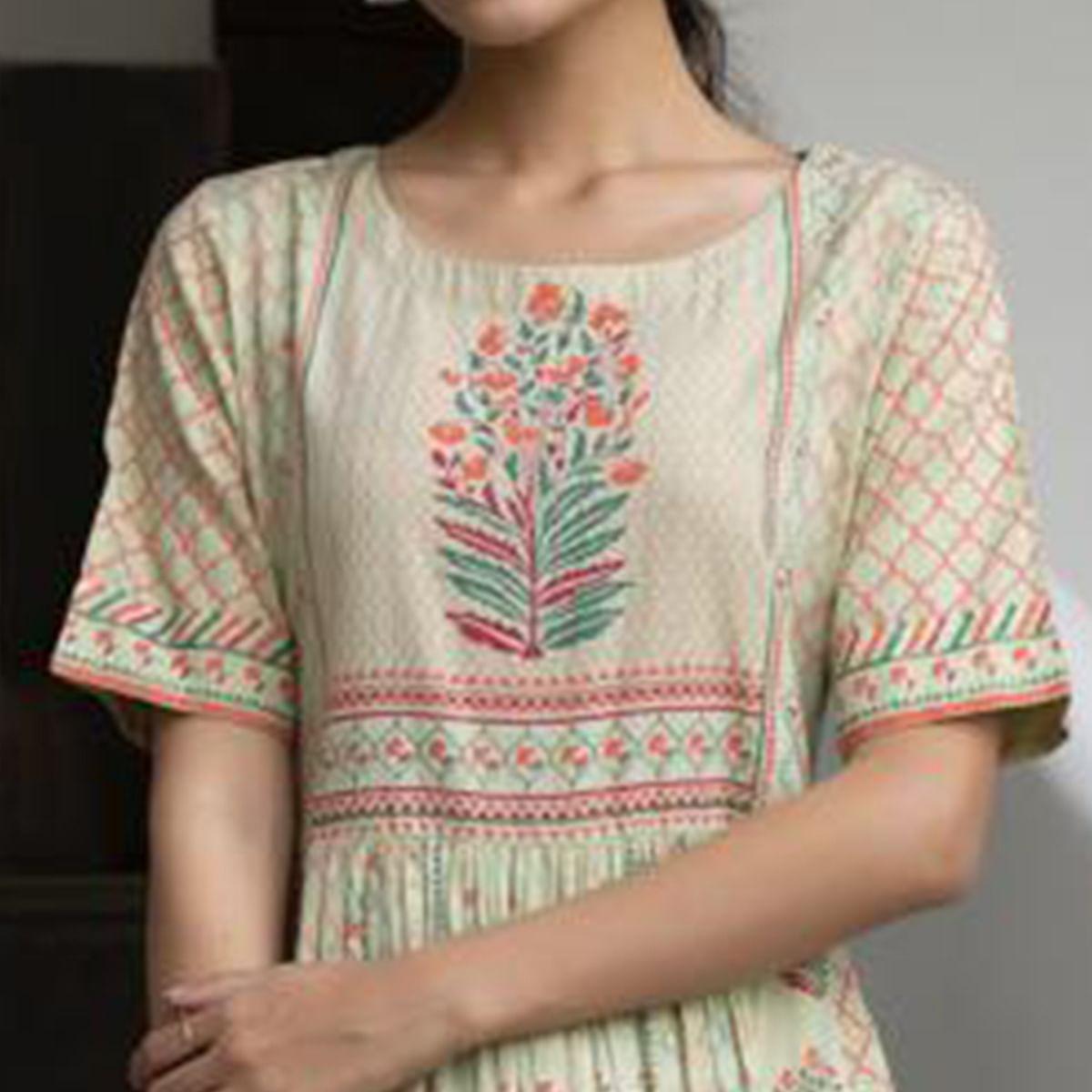 Multicolour Partywear Printed Cotton Silk Anarkali Suit - Peachmode