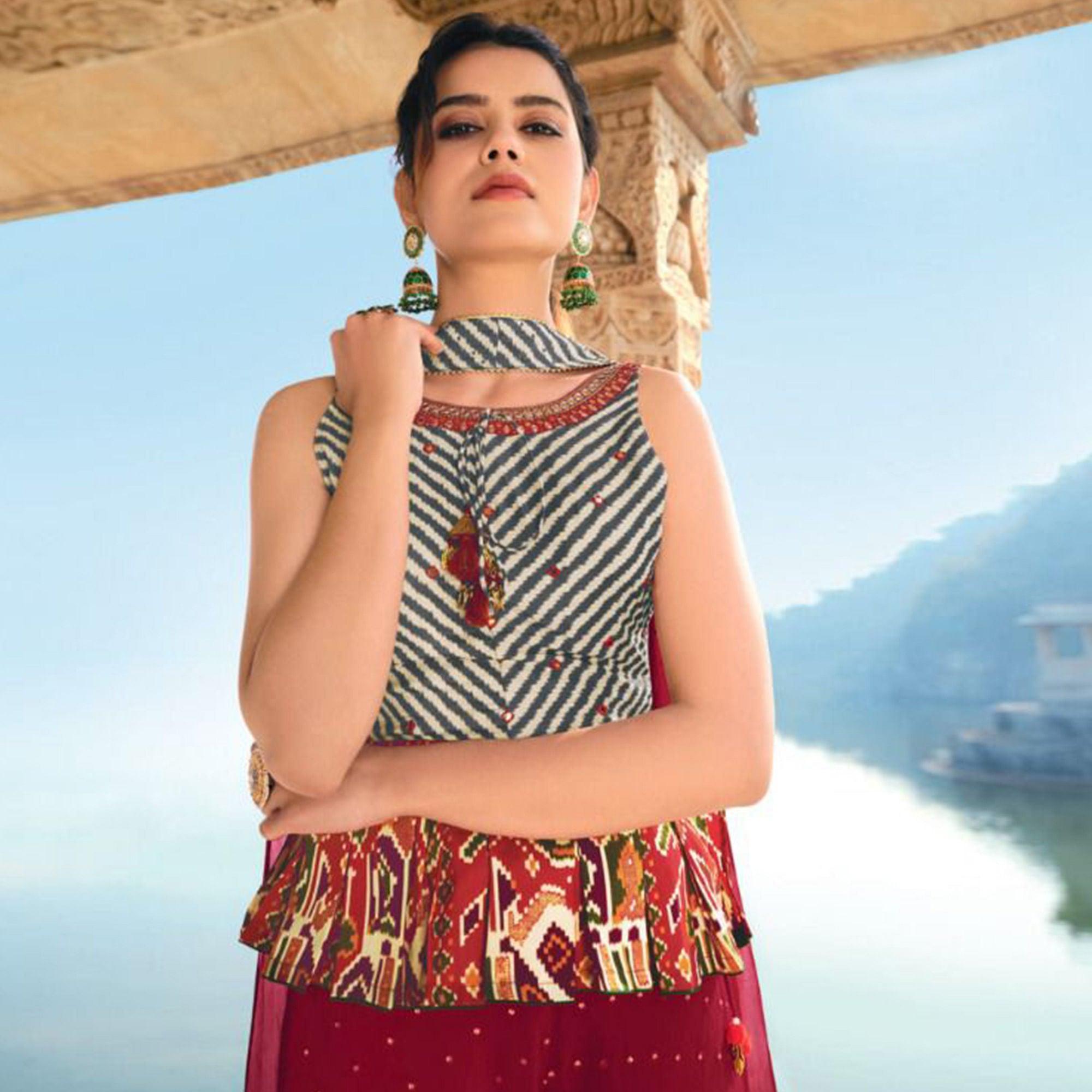 Multicolour Partywear Stripe and Patola Printed Silk Sharara Suit - Peachmode