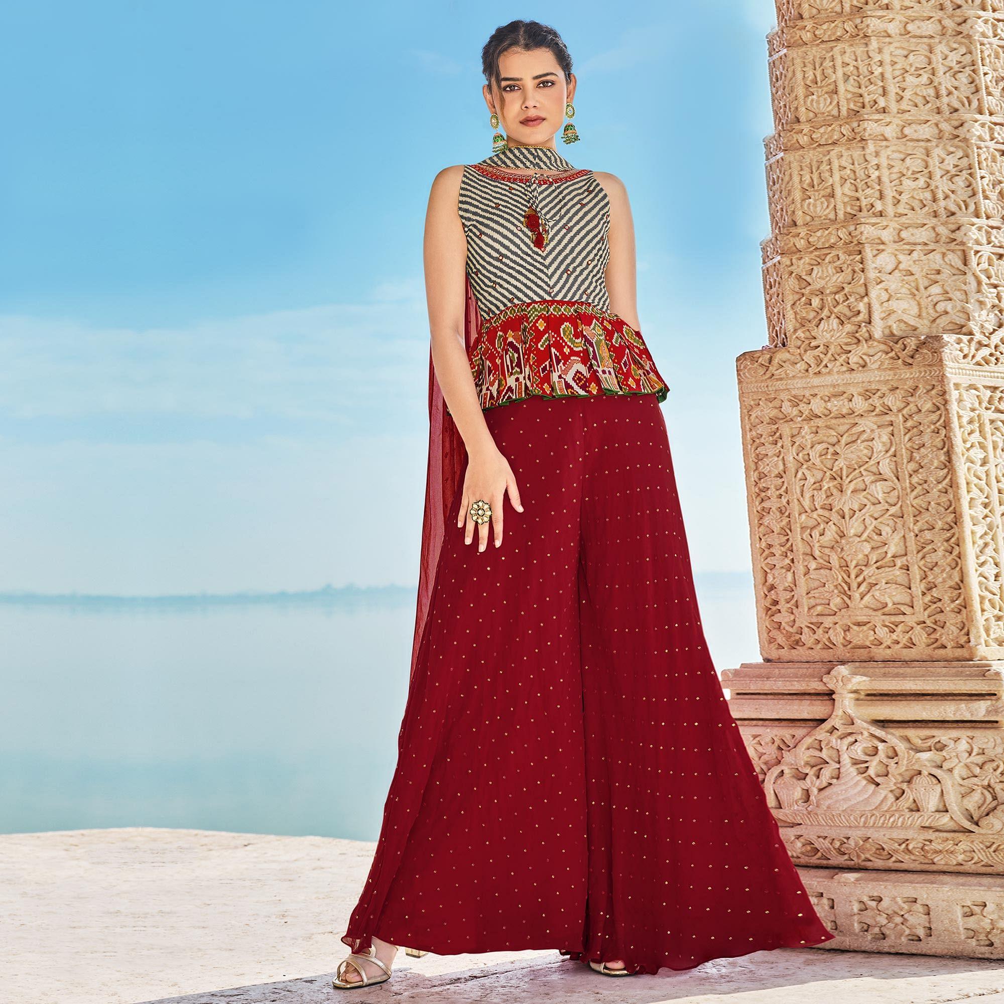 Multicolour Partywear Stripe and Patola Printed Silk Sharara Suit - Peachmode