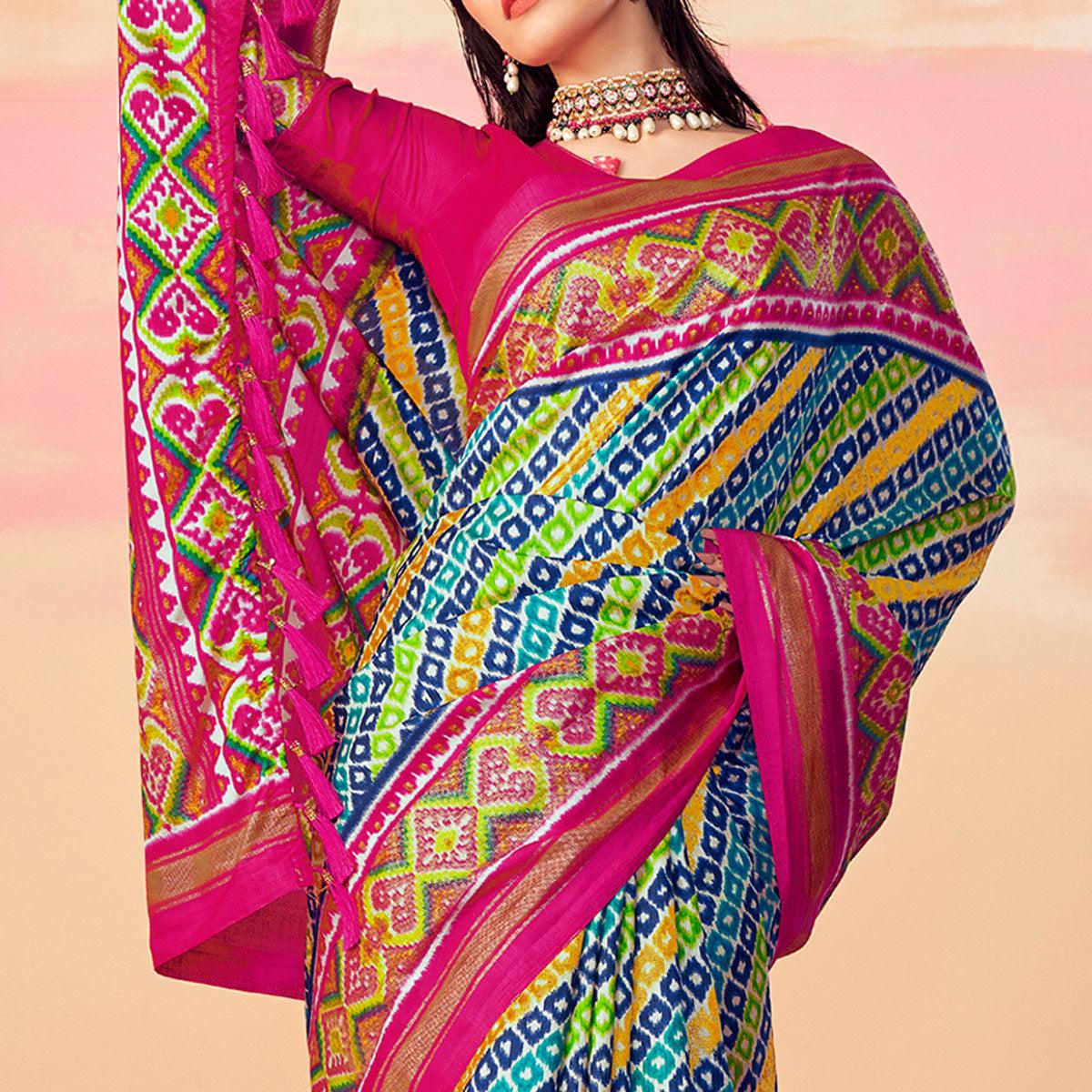 Multicolour Patola Printed Art Silk Saree With Tassels - Peachmode