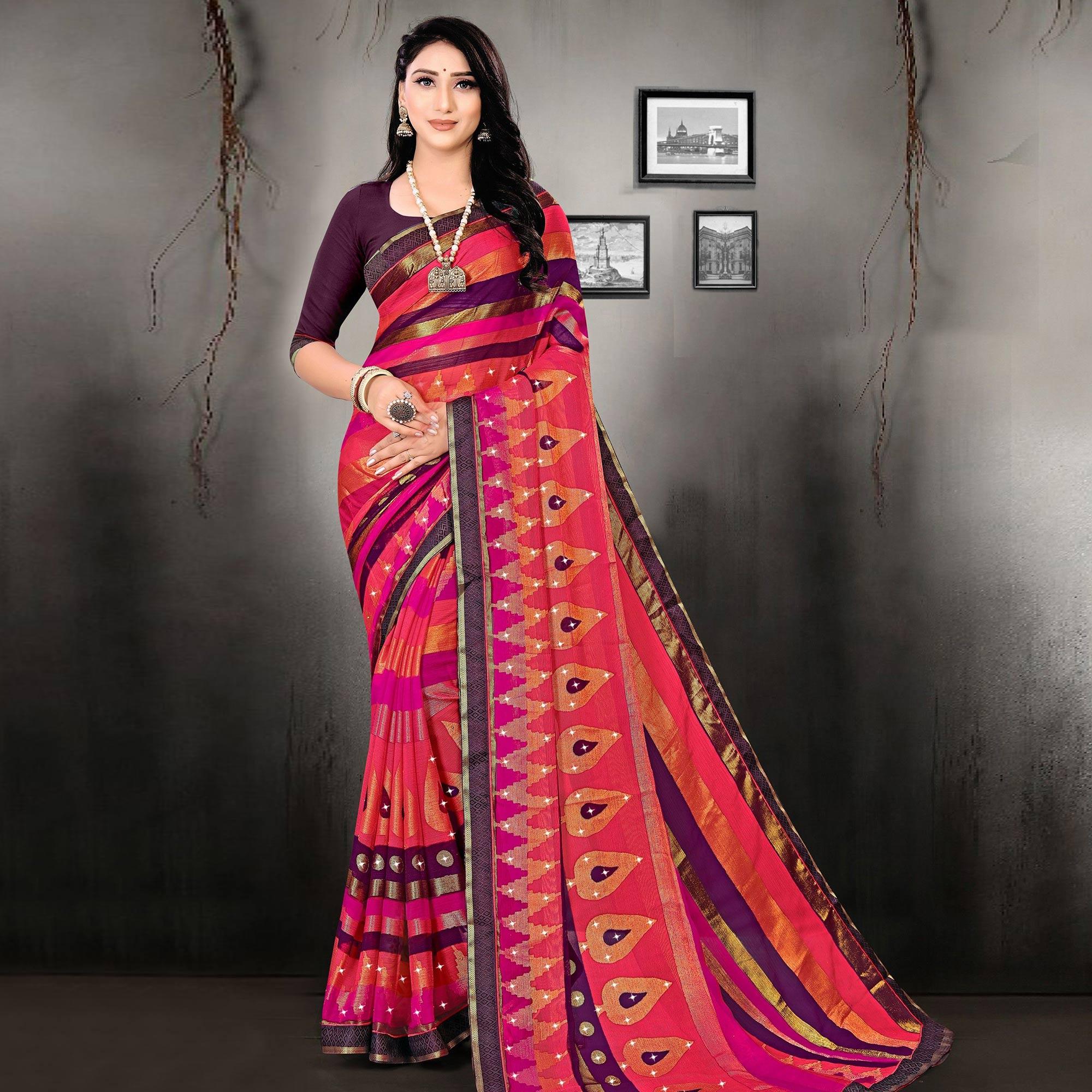 Multicolour Printed With Embellished Brasso Saree - Peachmode