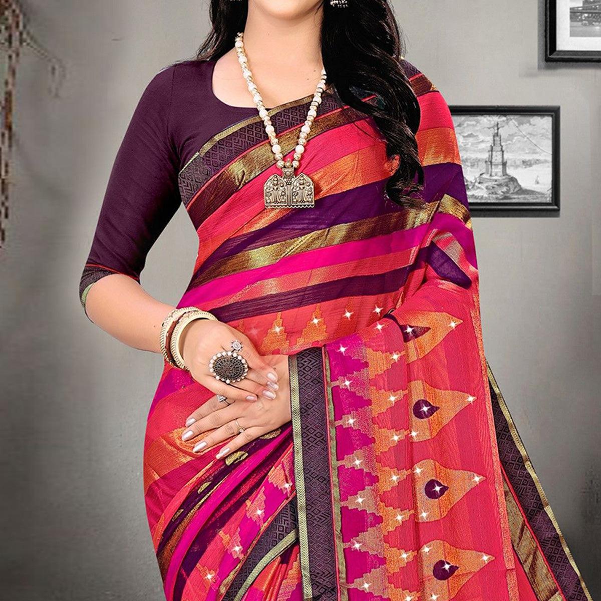 Multicolour Printed With Embellished Brasso Saree - Peachmode