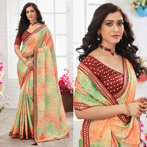 Multicolour Printed With Embellished Chiffon Saree With Tassels - Peachmode