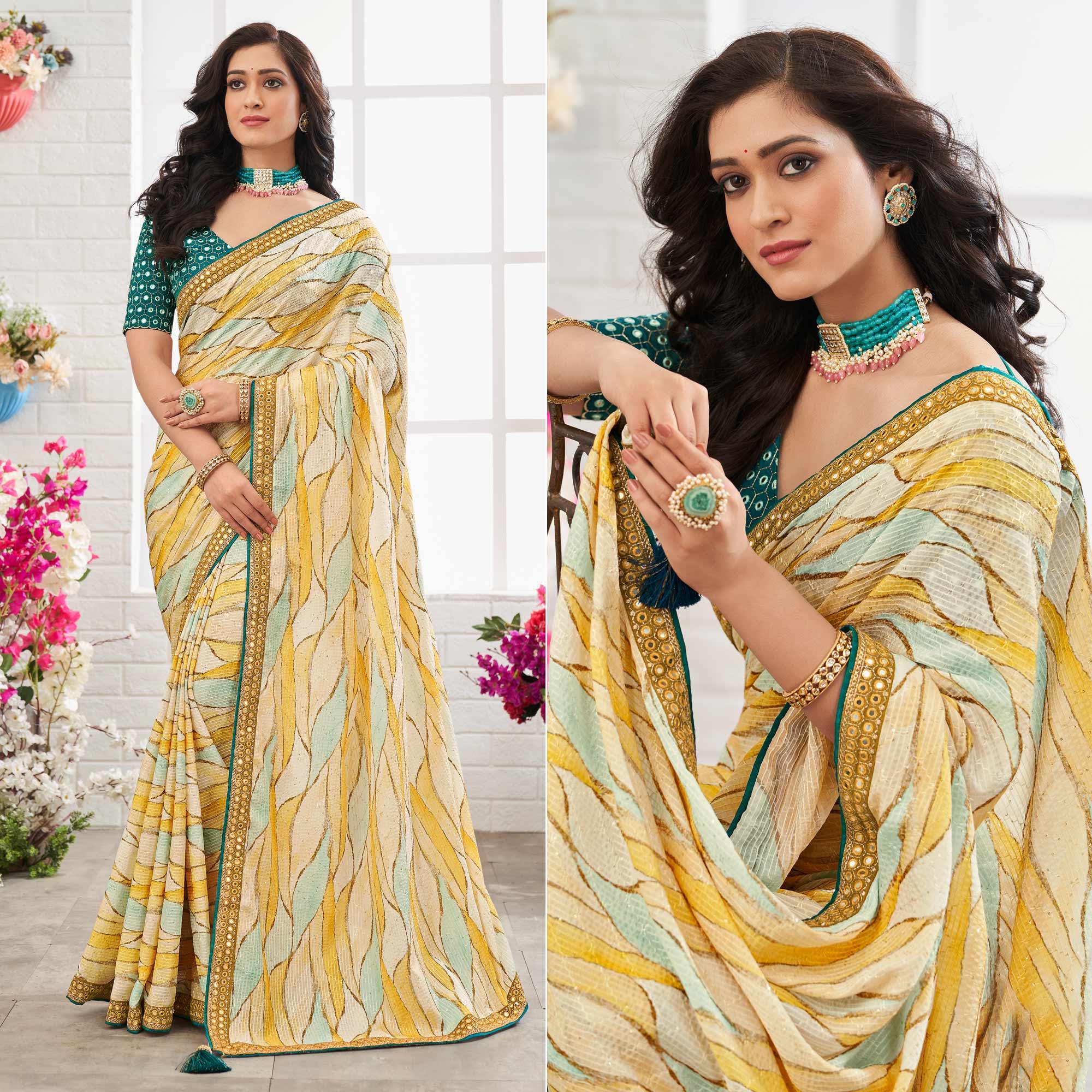 Multicolour Printed With Embellished Chiffon Saree With Tassels - Peachmode