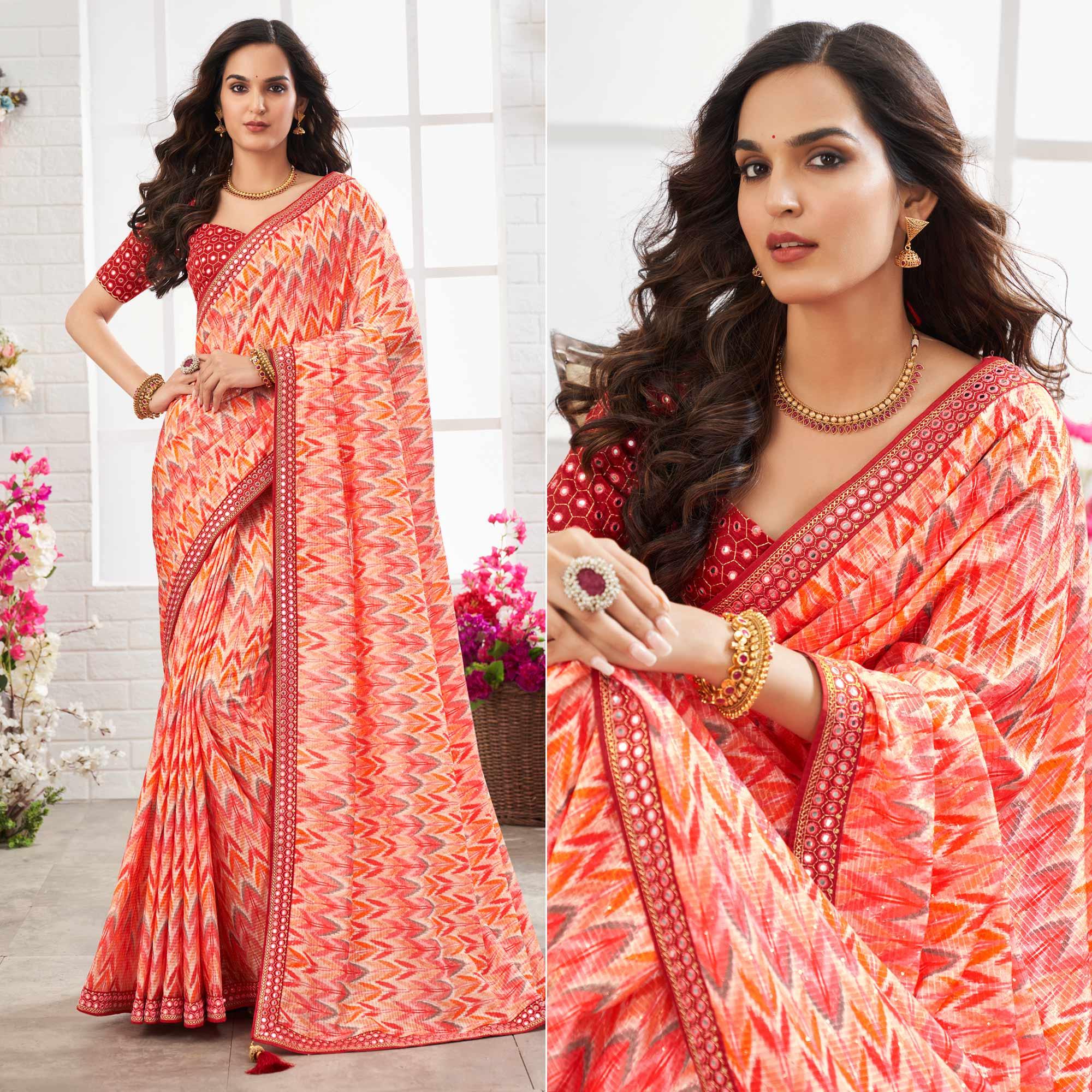 Multicolour Printed With Embellished Chiffon Saree With Tassels - Peachmode