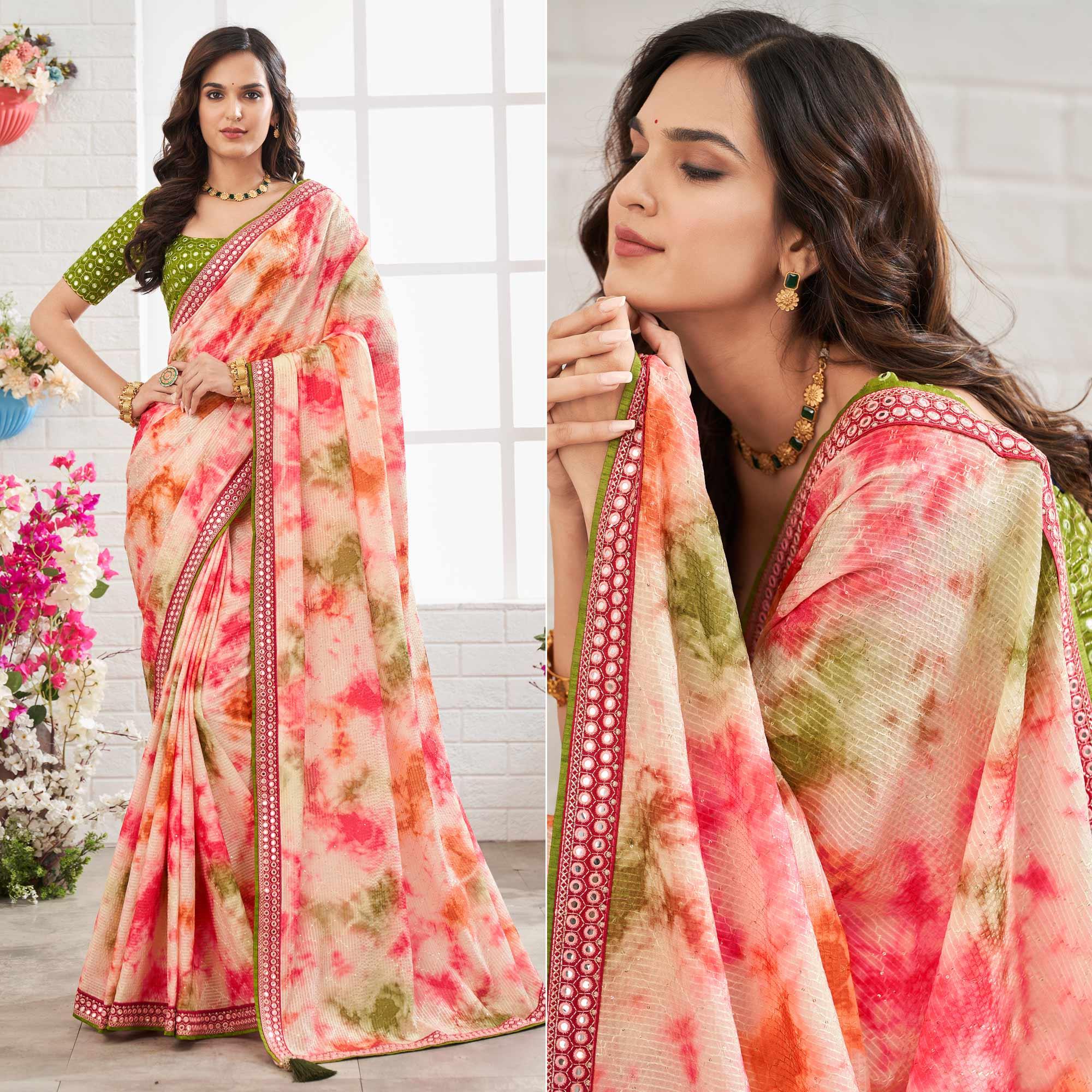 Multicolour Printed With Embellished Chiffon Saree With Tassels - Peachmode