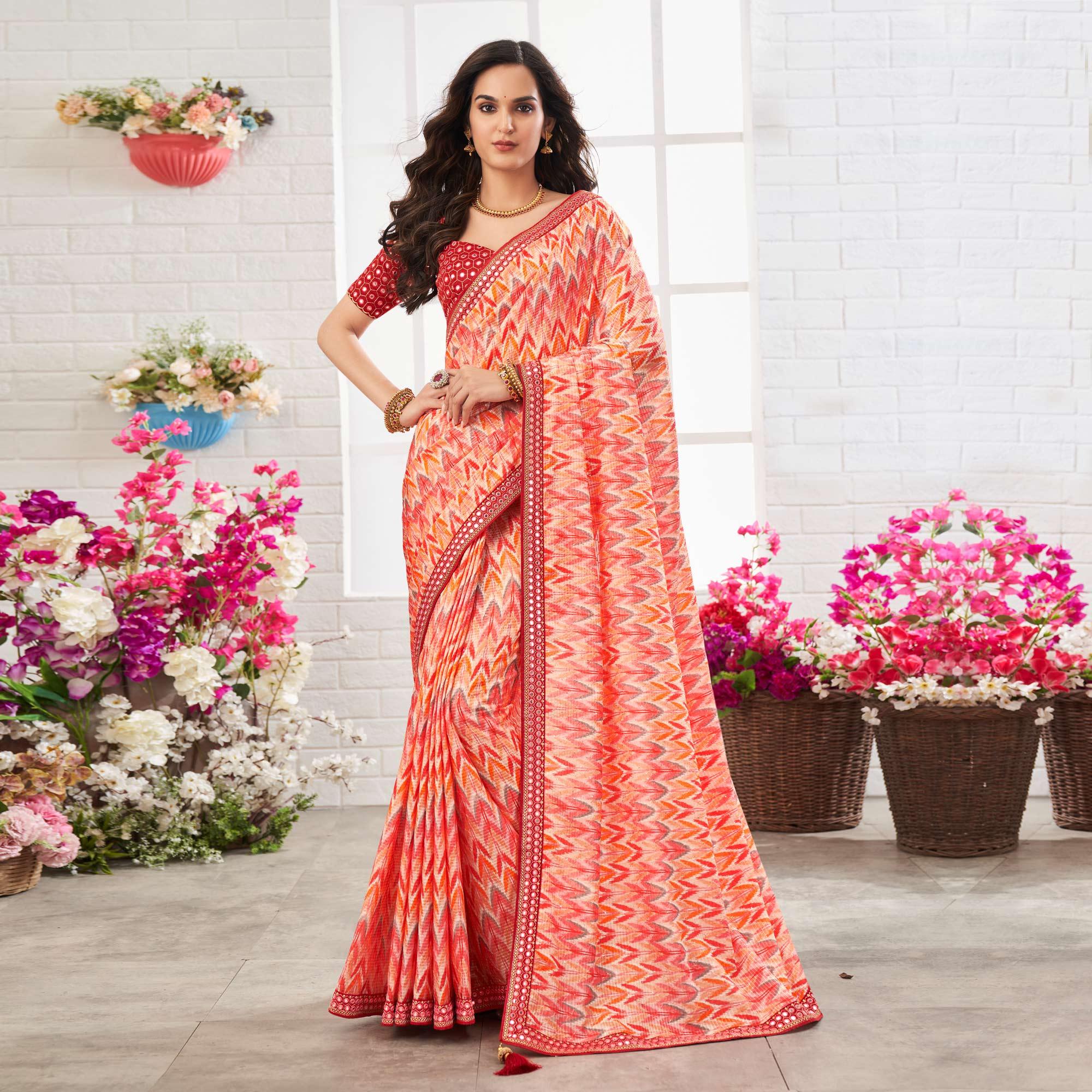 Multicolour Printed With Embellished Chiffon Saree With Tassels - Peachmode