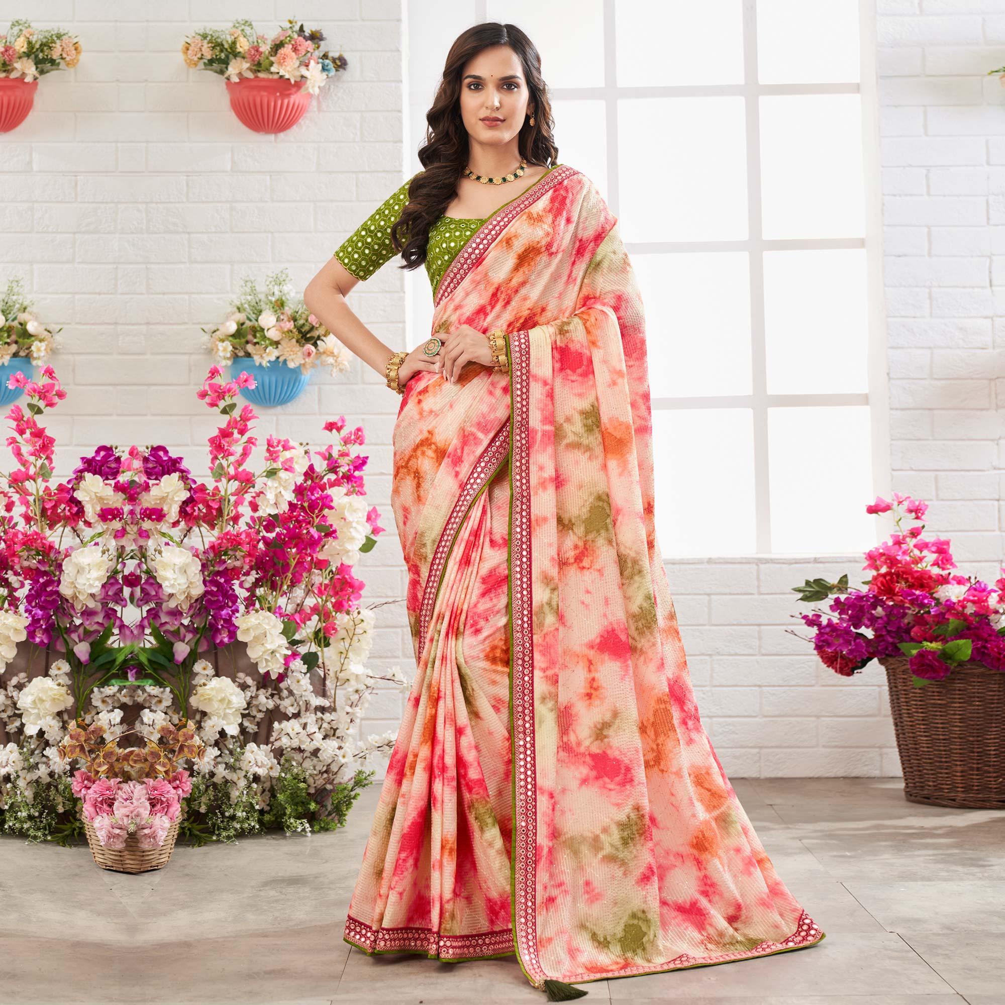 Multicolour Printed With Embellished Chiffon Saree With Tassels - Peachmode