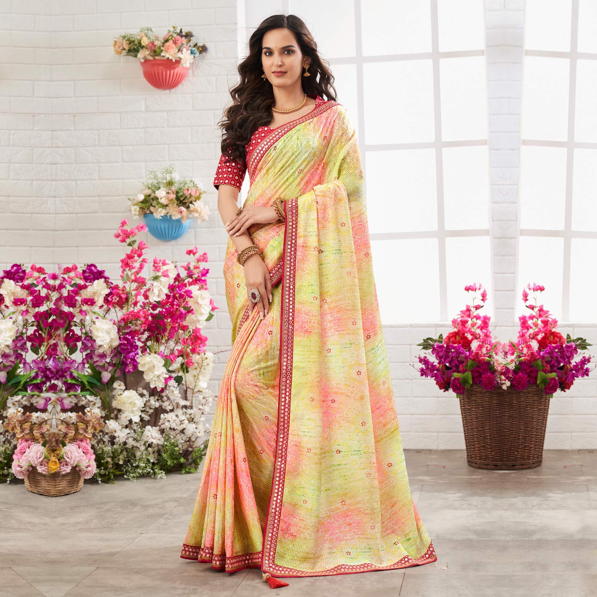 Multicolour Printed With Embellished Chiffon Saree With Tassels - Peachmode