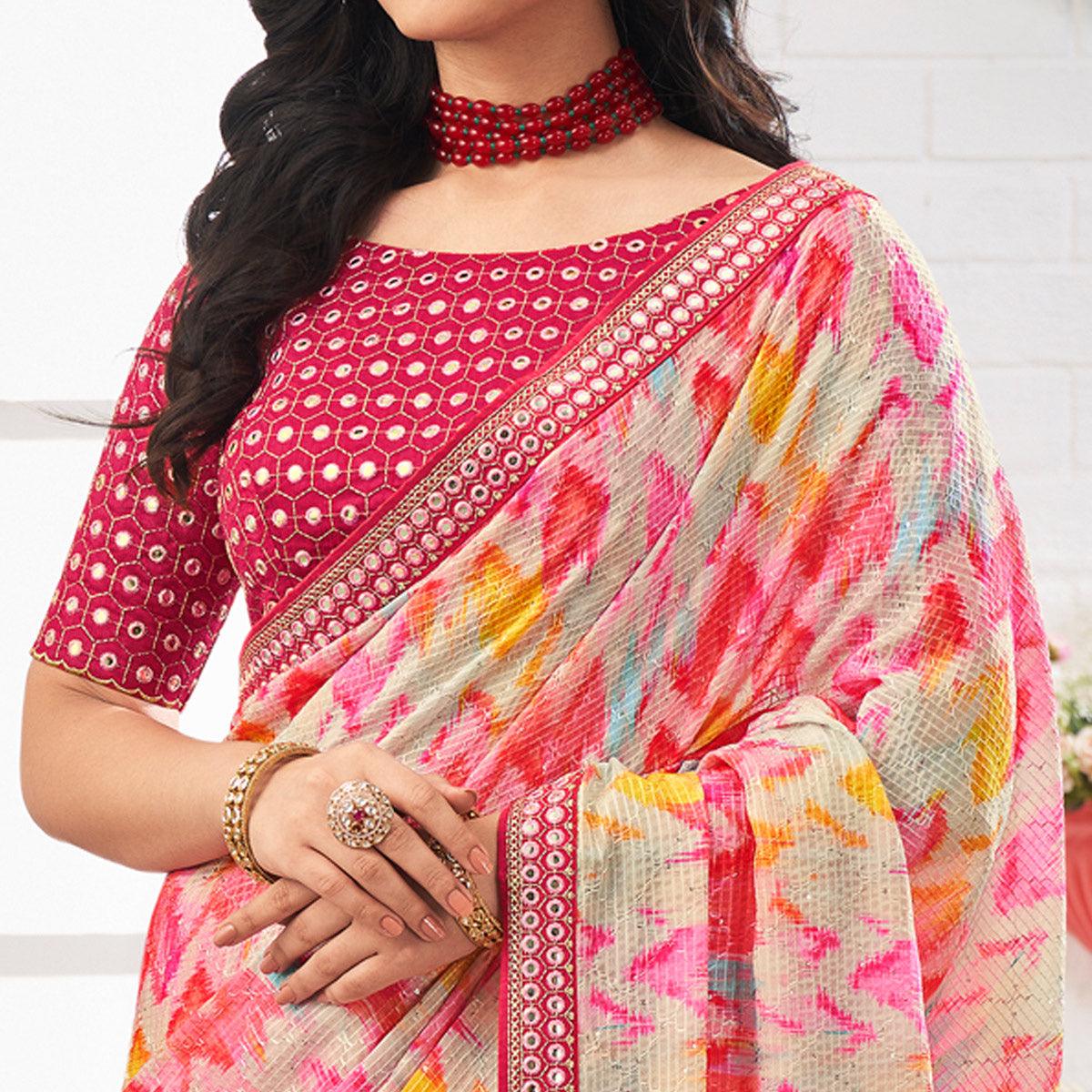 Multicolour Printed With Embellished Chiffon Saree With Tassels - Peachmode