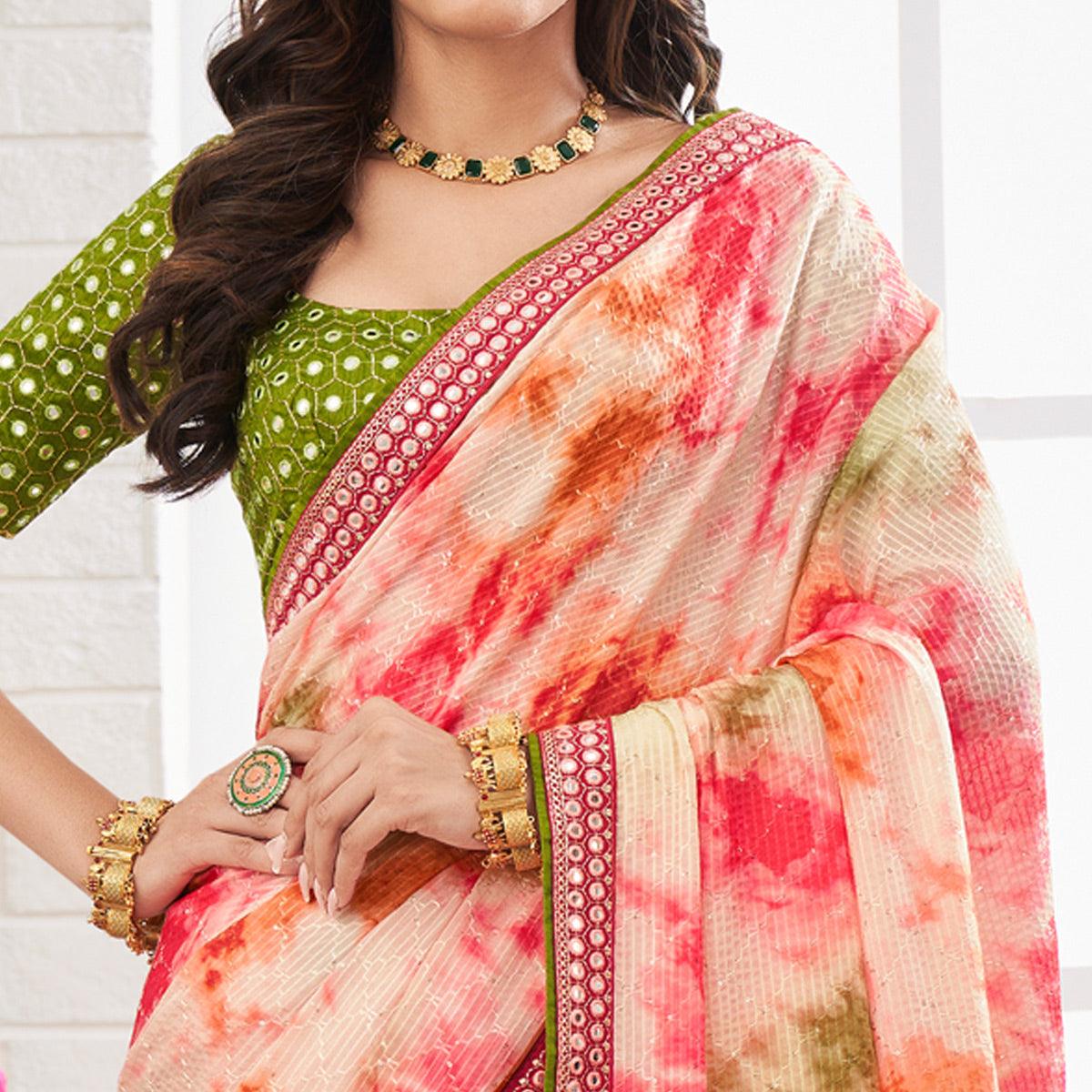 Multicolour Printed With Embellished Chiffon Saree With Tassels - Peachmode