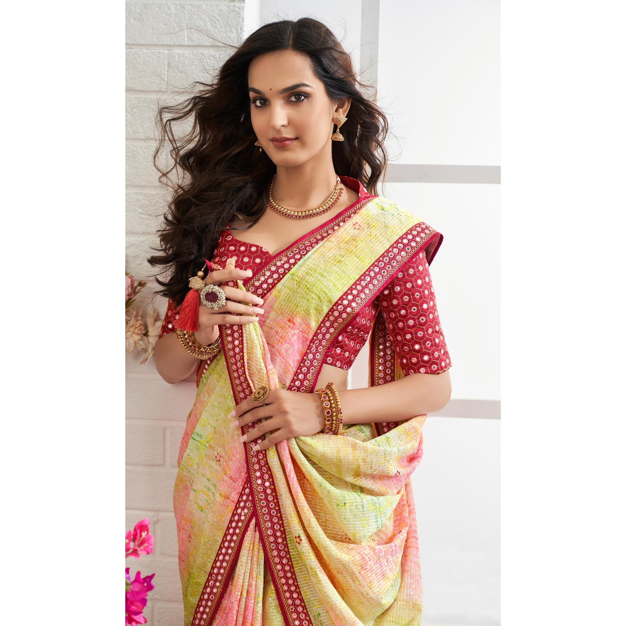 Multicolour Printed With Embellished Chiffon Saree With Tassels - Peachmode