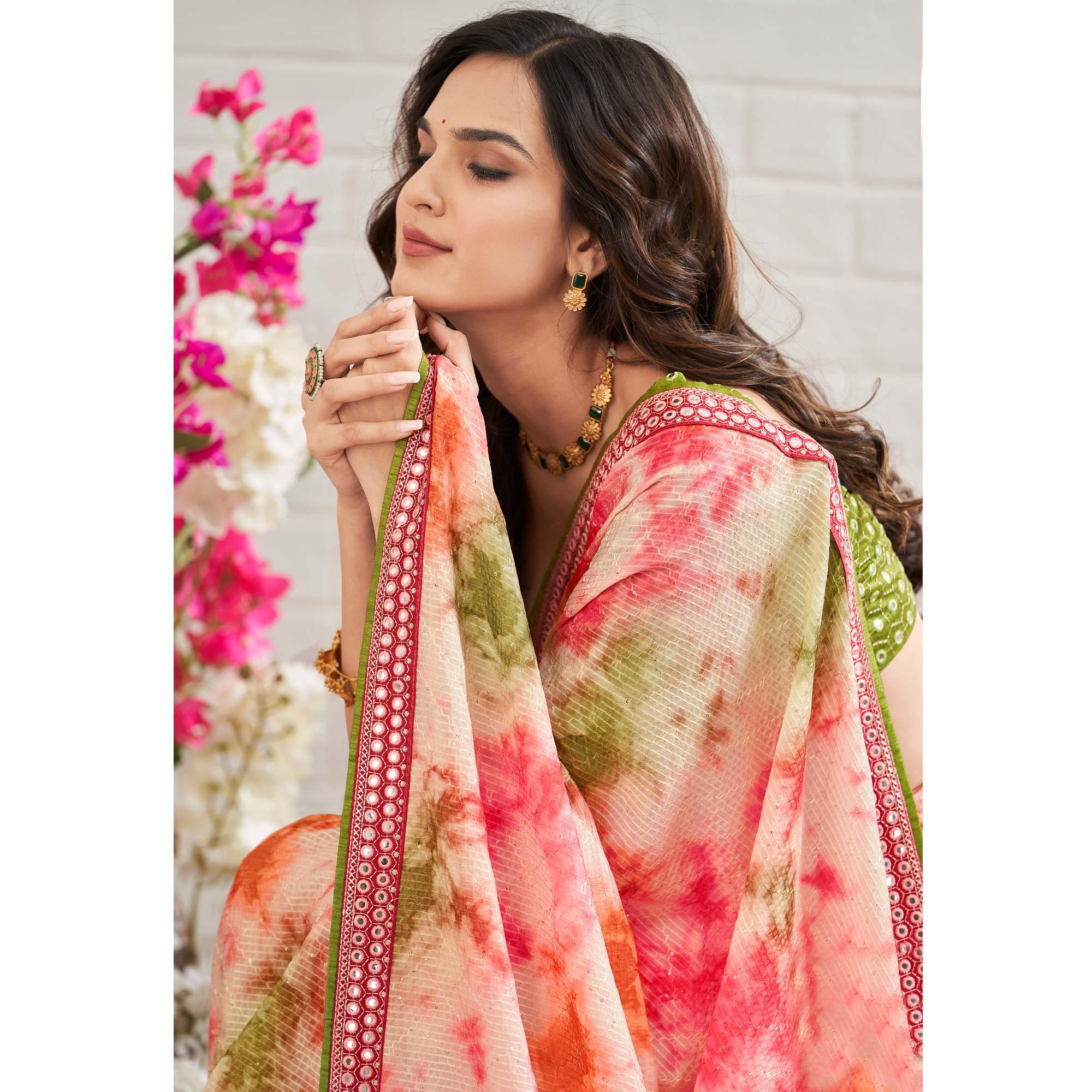 Multicolour Printed With Embellished Chiffon Saree With Tassels - Peachmode