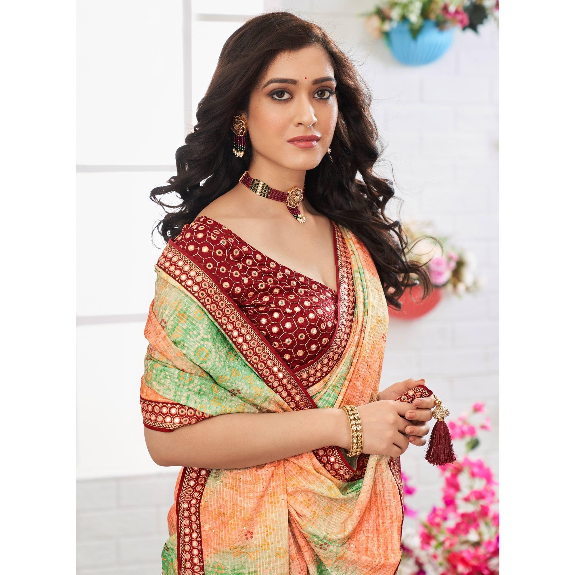 Multicolour Printed With Embellished Chiffon Saree With Tassels - Peachmode