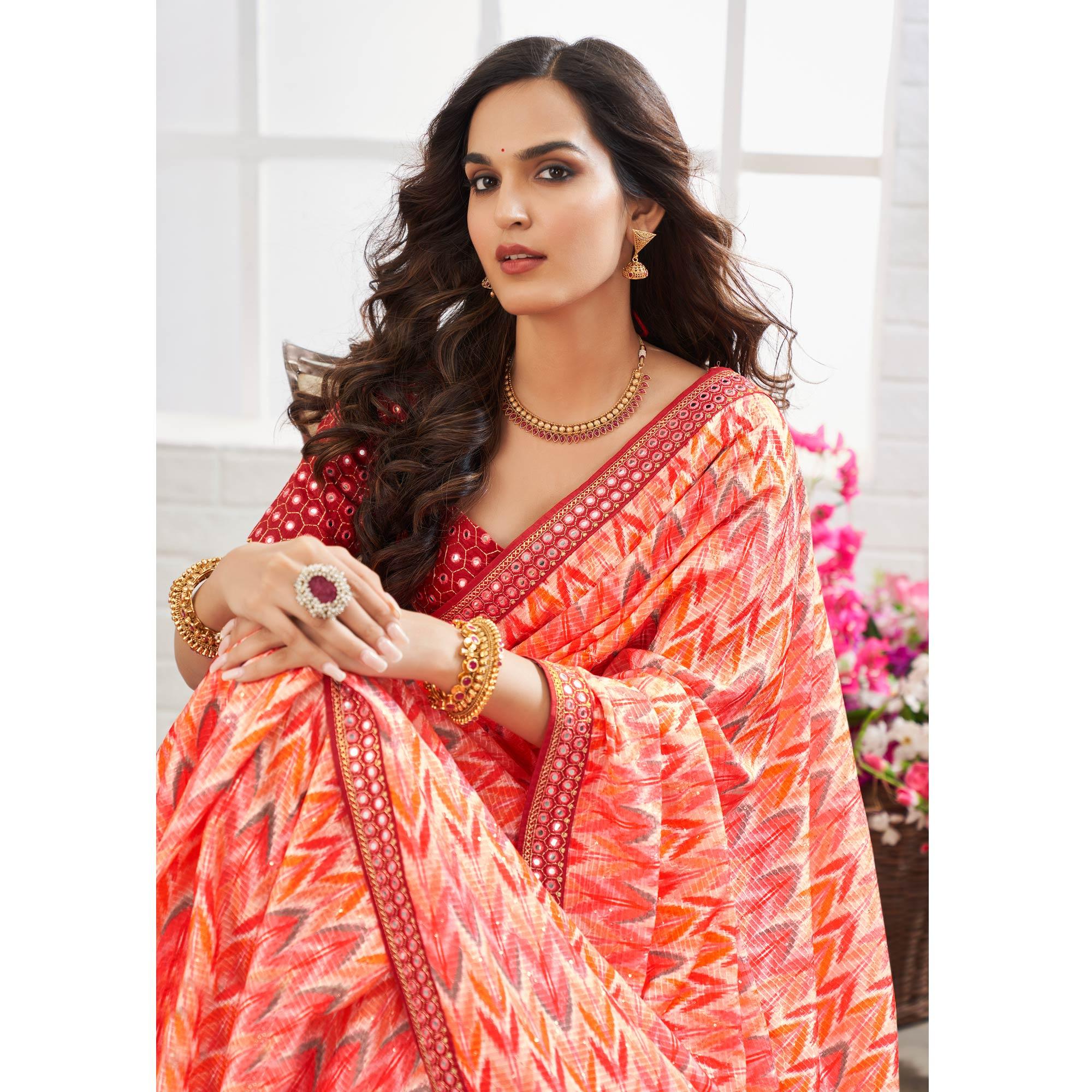 Multicolour Printed With Embellished Chiffon Saree With Tassels - Peachmode