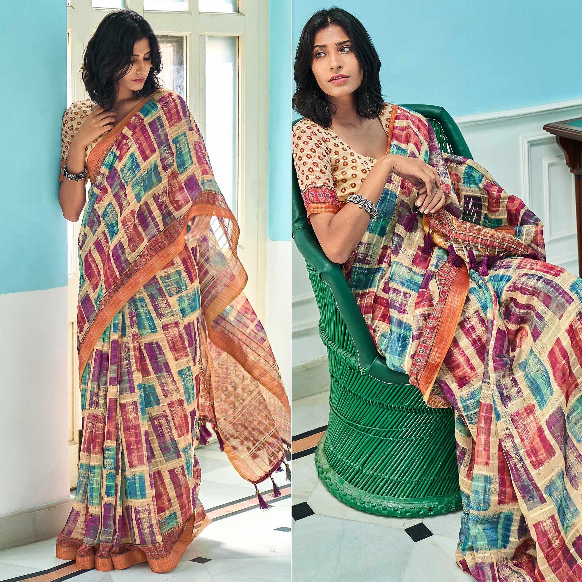 Multicolour Sequence Embroidered Linen Saree - Peachmode