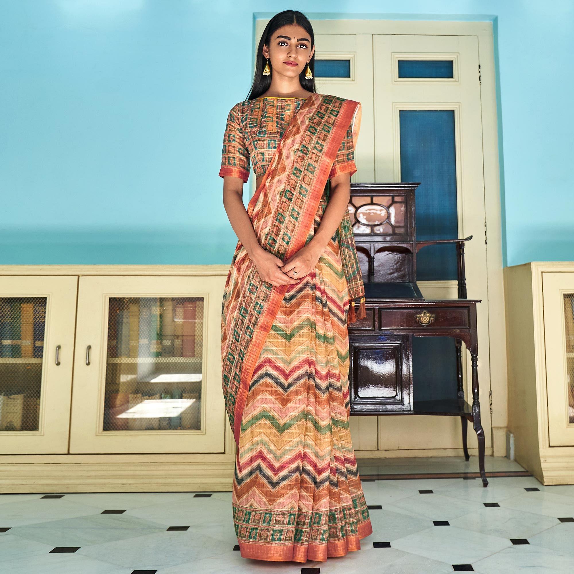 Multicolour Sequence Embroidered Linen Saree - Peachmode