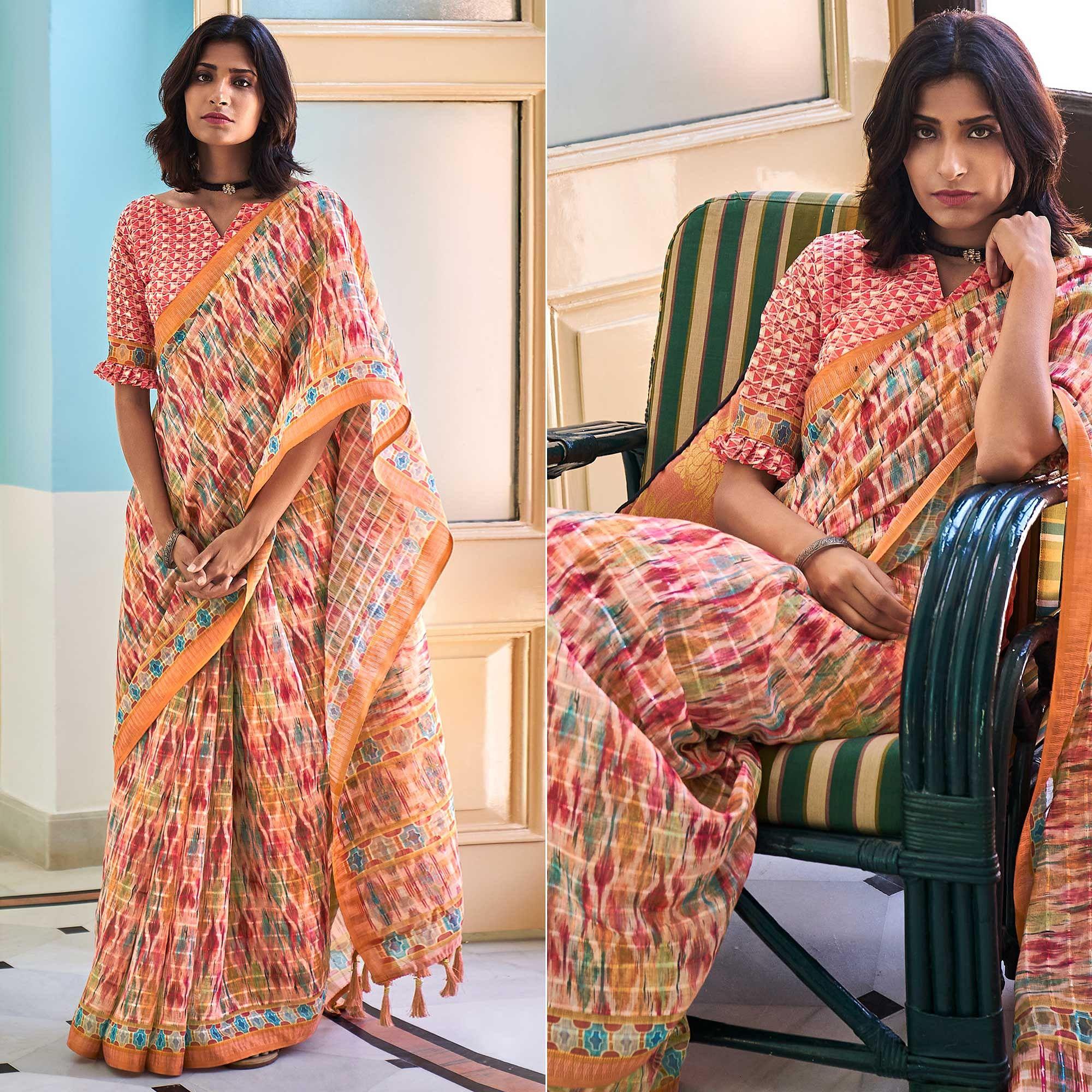 Multicolour Sequence Embroidered Linen Saree - Peachmode