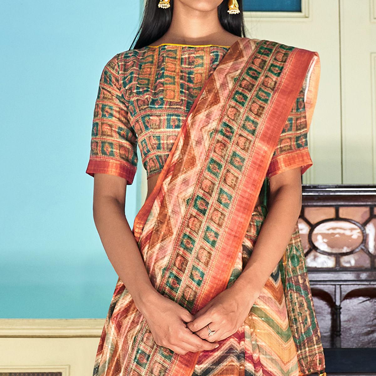 Multicolour Sequence Embroidered Linen Saree - Peachmode