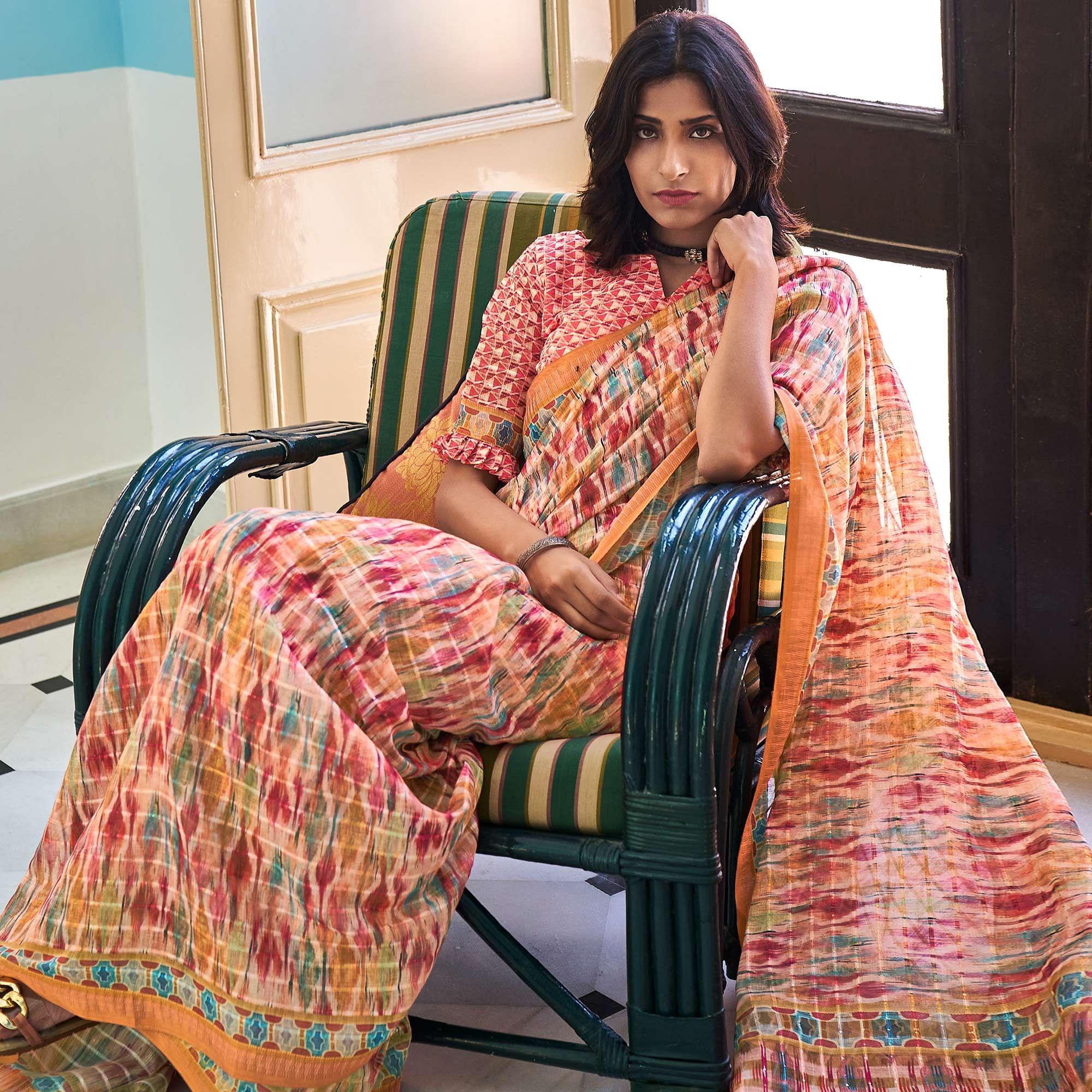 Multicolour Sequence Embroidered Linen Saree - Peachmode